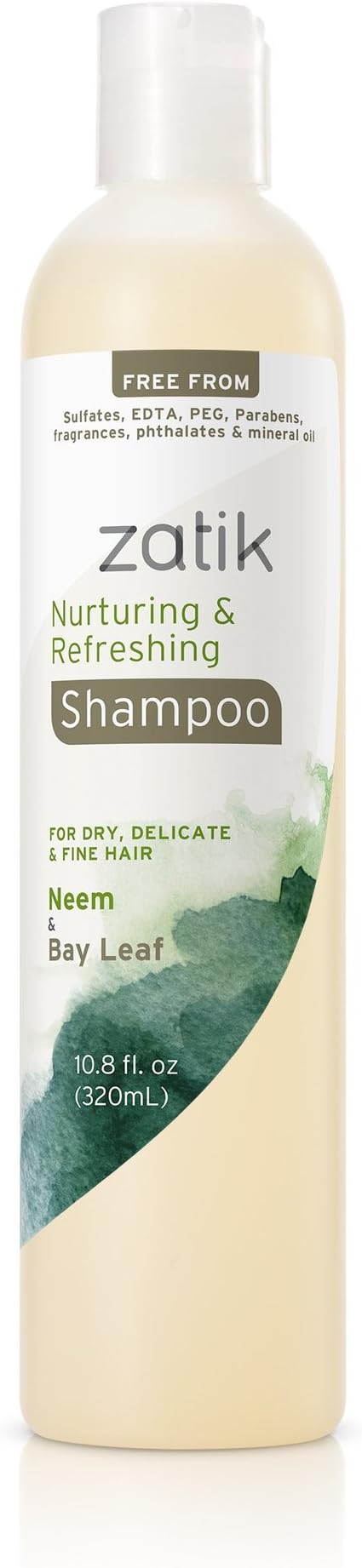 Zatik Naturals - Nurturing and Refreshing Shampoo with Neem & Bay Leaf for Dry, Fine, Delicate Hair - Vegan, Biodegradable, pH Balanced, Free From Sulfates, Parabens, Fragrances, Phthalates,10.8 oz