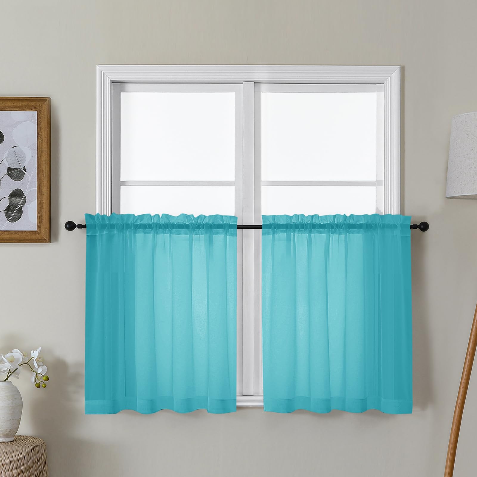 Gwine Turquoise Sheer Curtain Tiers 24 Inch Length, Light Filtering Voile Short Curtain for Living Room Bedroom, Rod Pocket Cafe Curtains for Small Windows 42x24 Inch, 2PCS