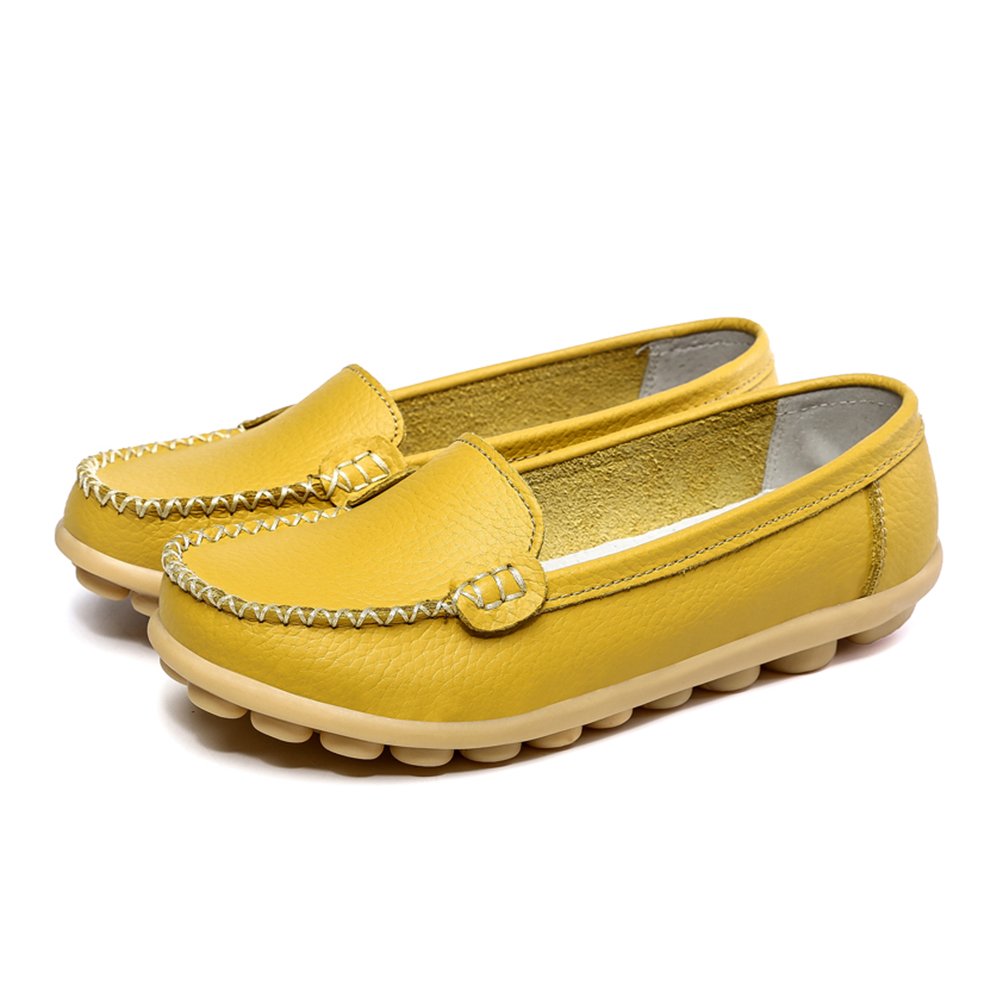 Women's Leather Loafers Moccasins Fashion Comfy Driving Flat Comfortable Shoes Yellow Size 6
