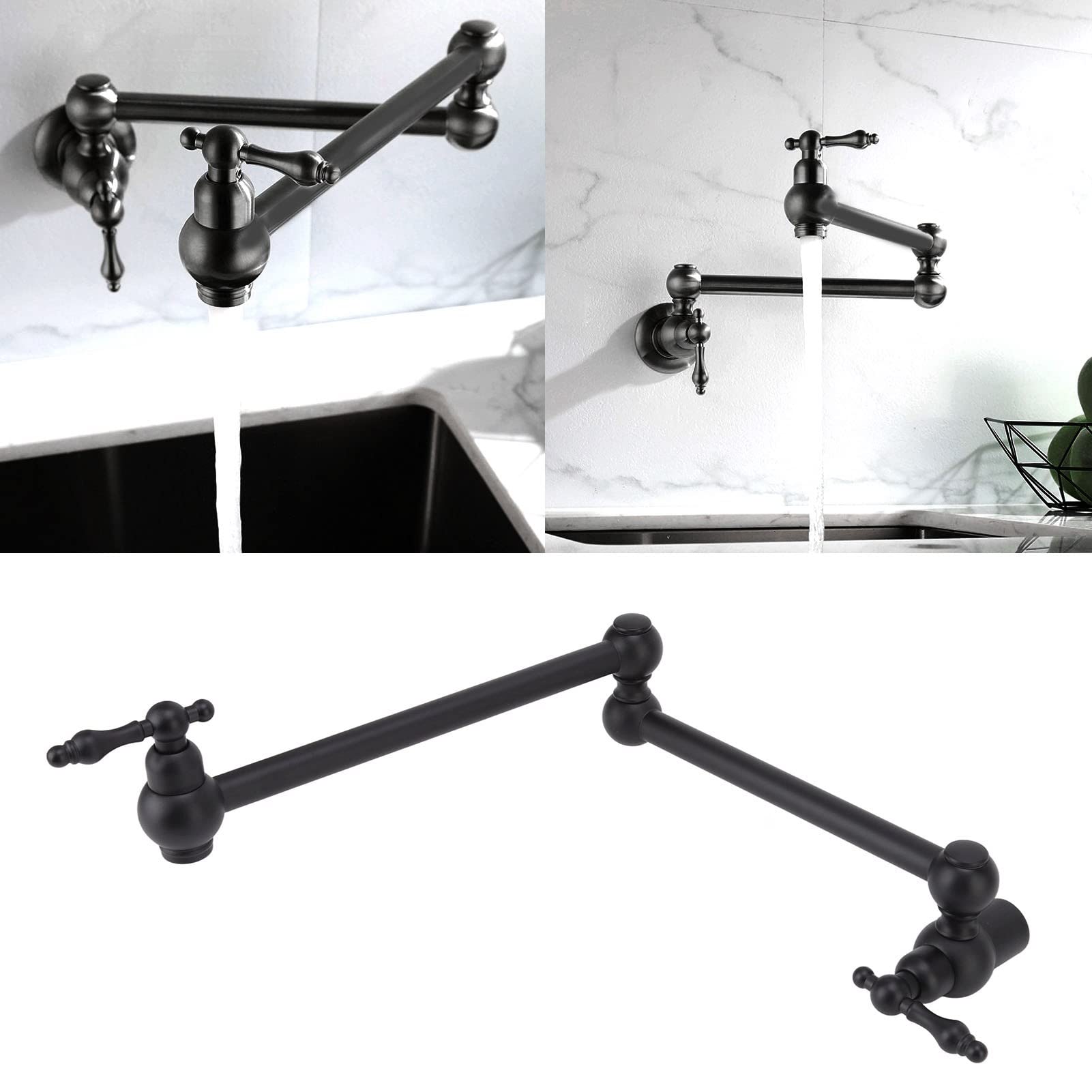 Grifo de Llenado de Ollas, Grifo de Cocina Montado en la Pared de Cobre Estirable G1/2, Grifo Plegable de Llenado de Ollas de Dos Manijas de Un Solos Orificio(Negro mate)