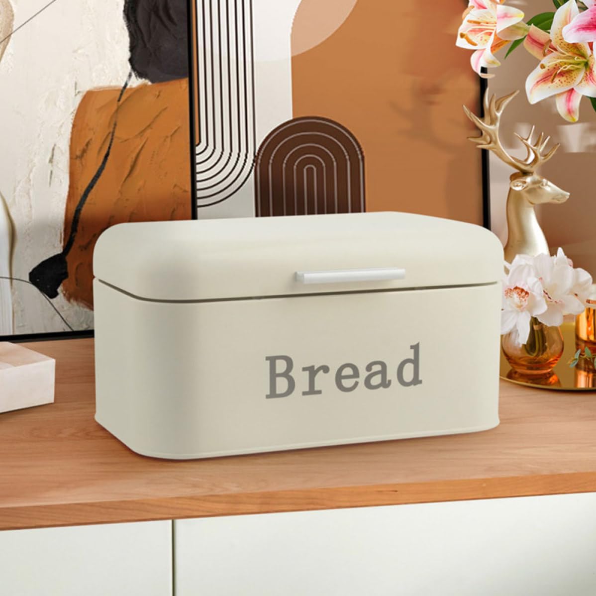 Contenitore Scatola Porta Pane in Ferro Beige per Pane da Cucina Funzione Antiumidità e Organizzazione Cucina Compatta per Ripiano Desktop