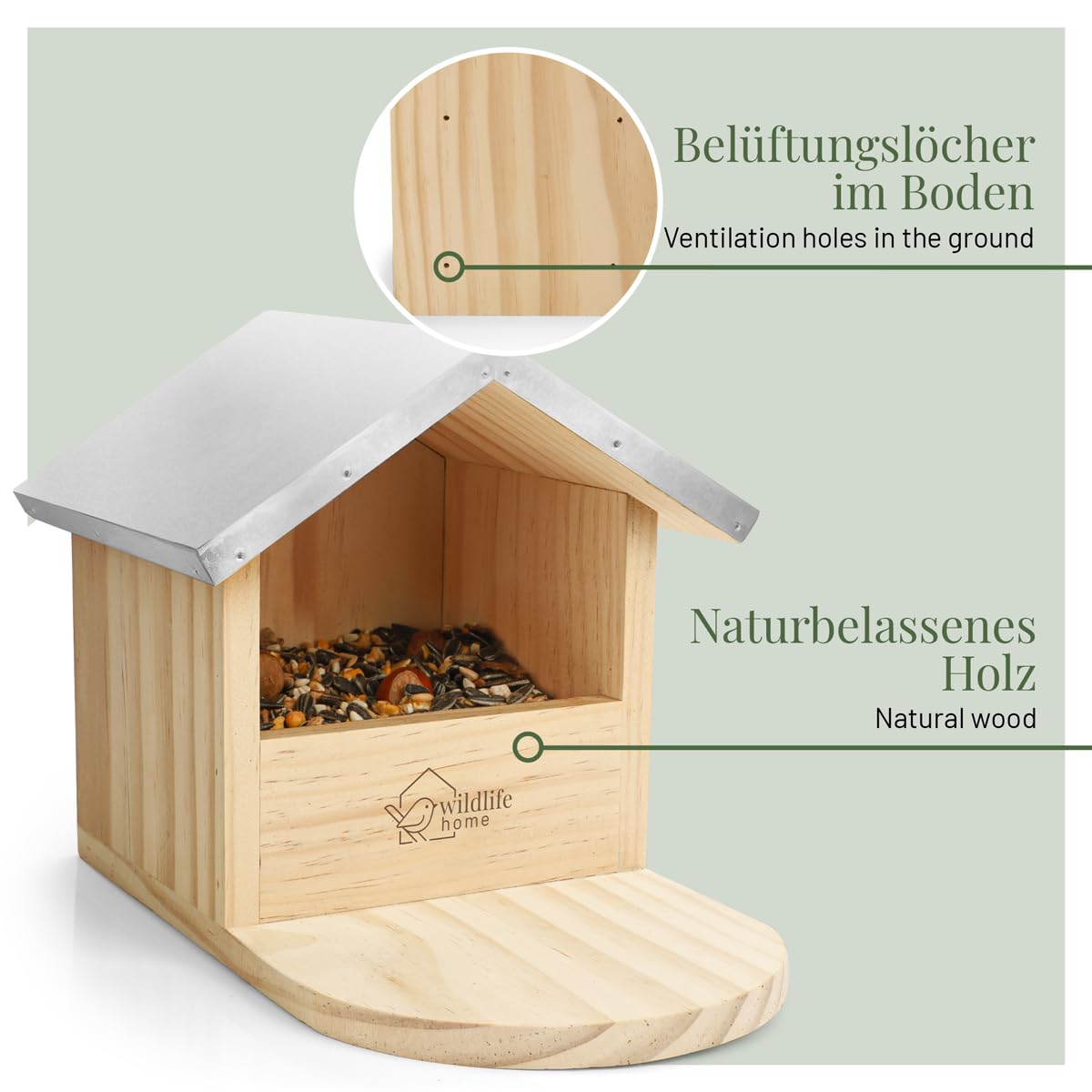 WILDLIFE HOME Großes Robustes Vogel-Futterhaus speziell auch für große Vögel wie Spechte, Elstern und Eichhörnchen & Co. I Aus Massivholz mit Metall-Dach, Futterstation, Vogelhaus, Futterspender