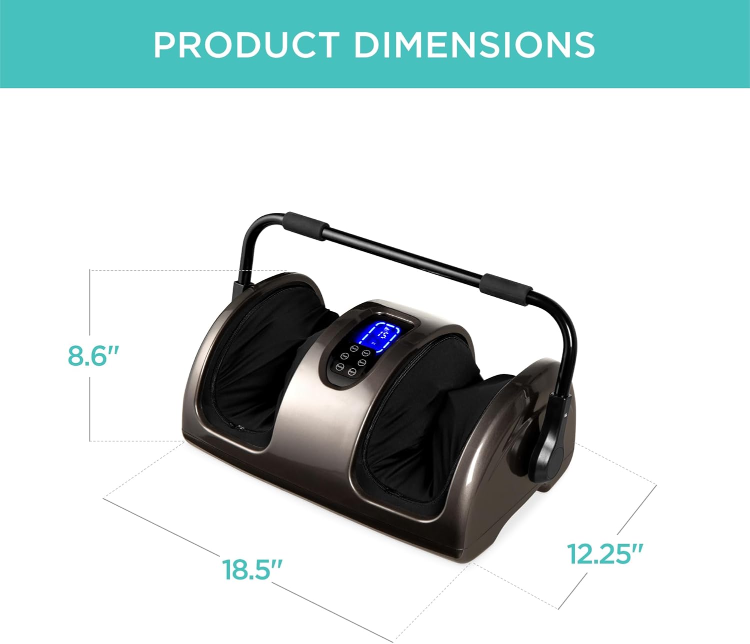 Схема, що показує розміри масажера для ніг: 18.5 дюймів завдовжки, 12.25 дюймів завширшки та 8.6 дюймів заввишки.