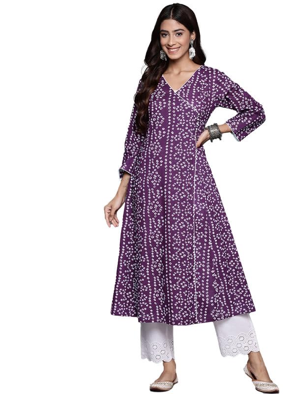 Varanga Women Purple V-Neck Bandhani Print Angrakha Style Anarkali Kurta With Piping Detail For Traditional (Small)