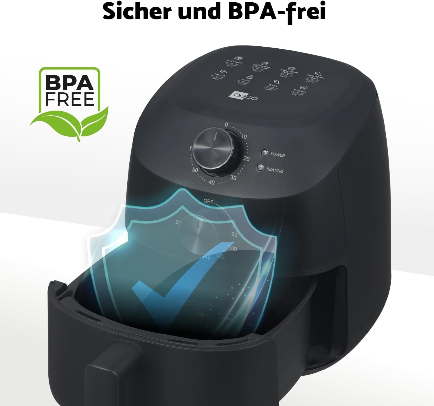 aeco Cube 2.0 Mini Airfryer – Kompakte Heißluftfritteuse, 2 Liter, BPA-frei, 60 Min. Timer, Antihaft, 80% weniger Öl, energieeffizient, Automatische Abschaltfunktion
