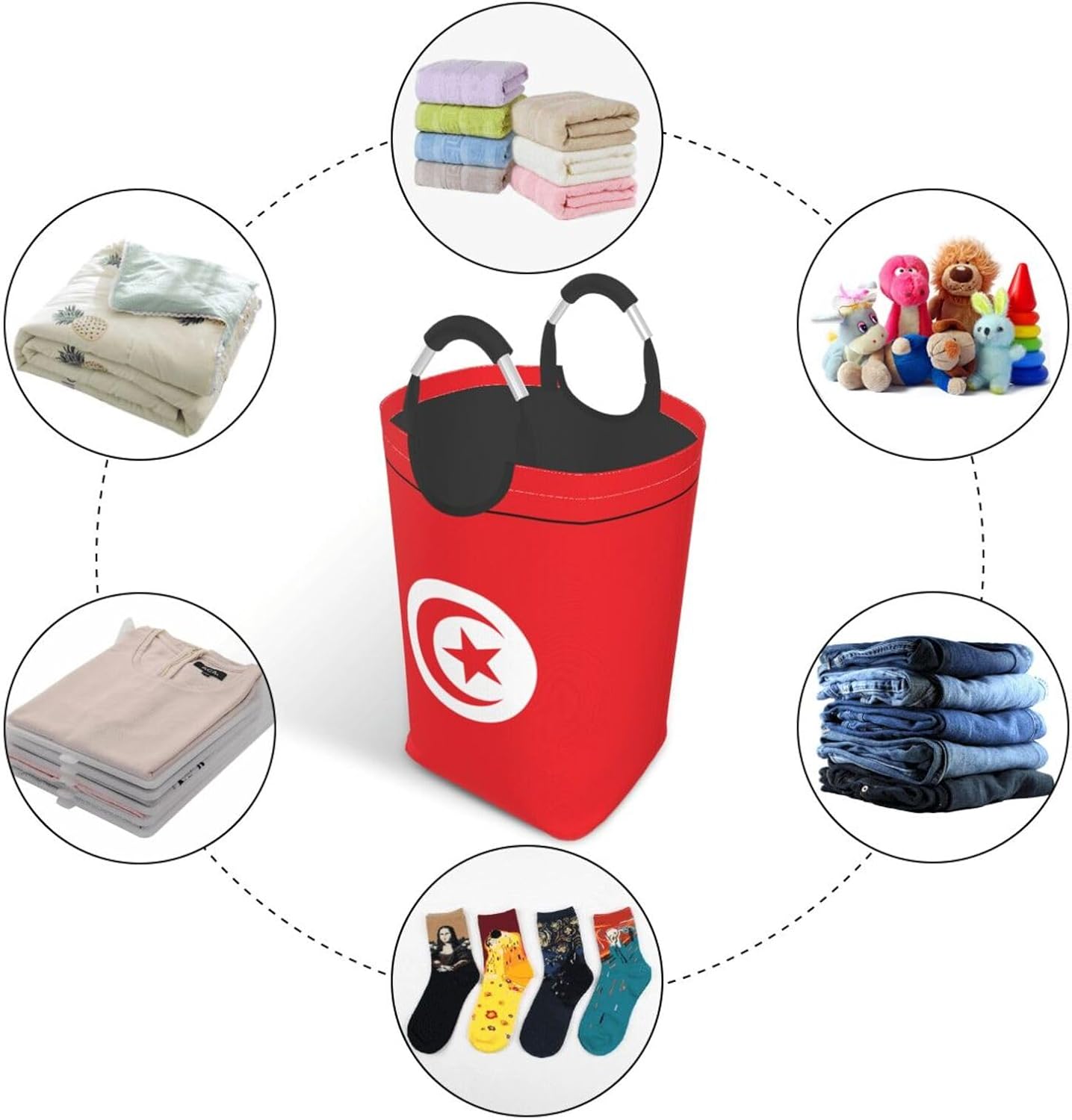 Tunisian flag Foldable storage bag, 50L capacity, suitable for laundry room, dormitory bedroom, dirty clothes storage basket.