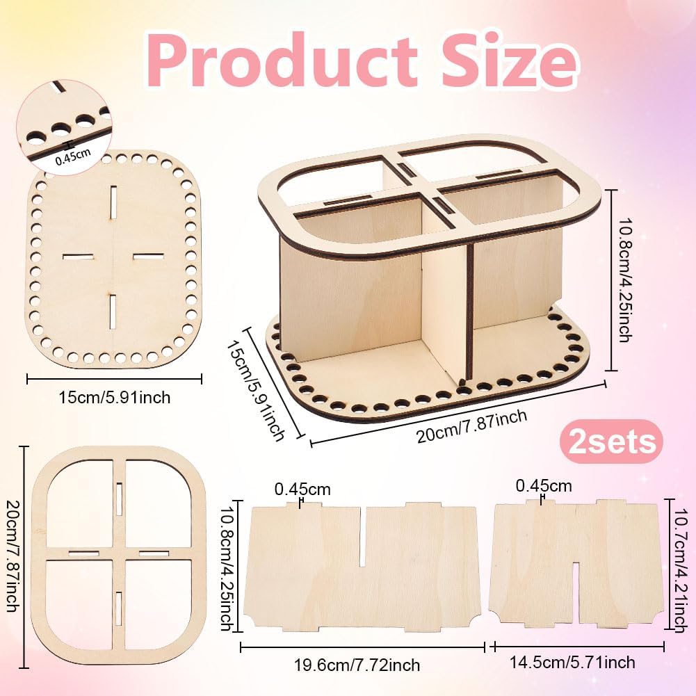 OLYCRAFT 2 Sets Crochet Basket Bottom with Divider and Lid 4 Compartment Rectangle Blank Natural Wood Base Blank Crochet Knitting Wooden Base for DIY Craft Weaving Basket Making Supplies
