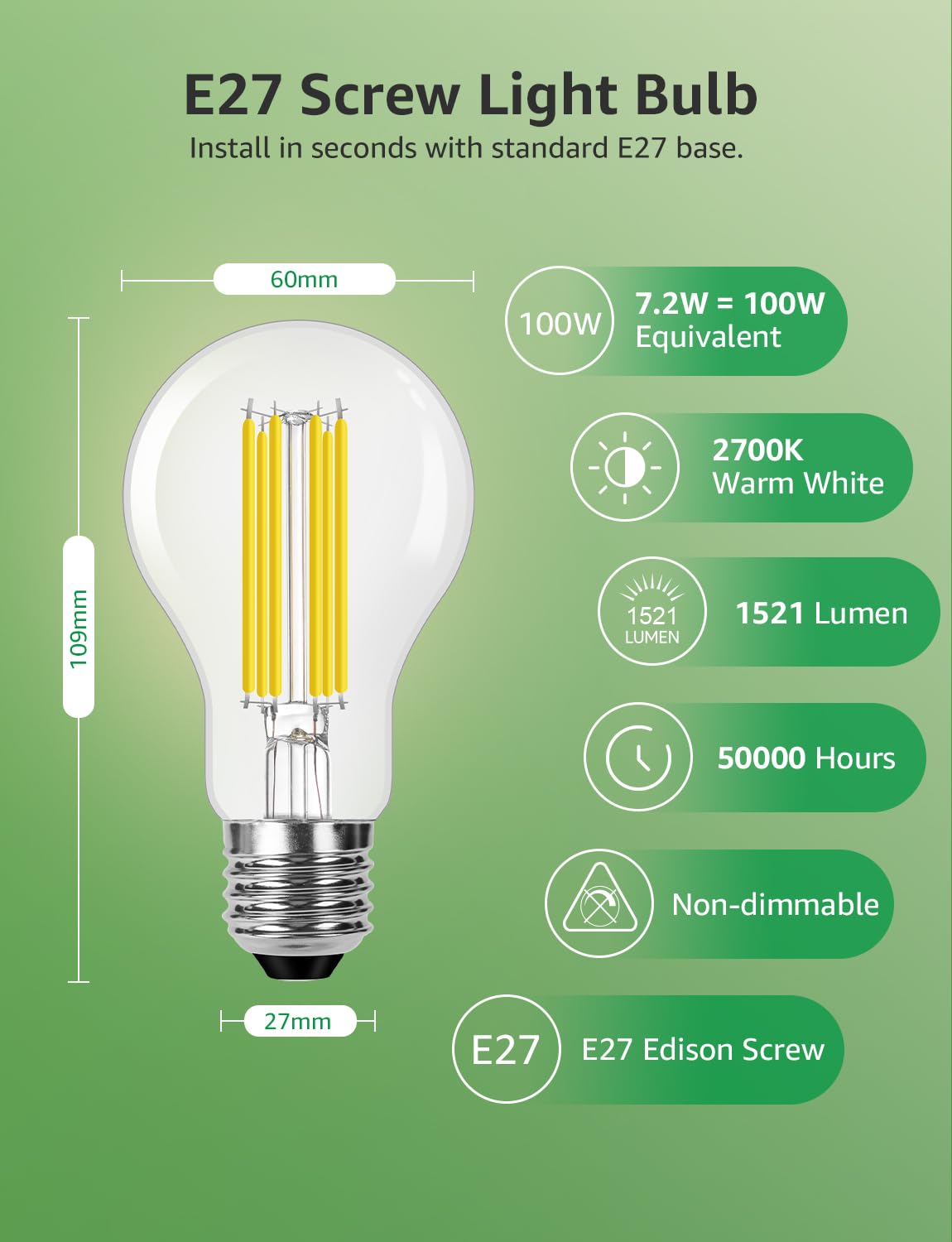 Lepro E27 Screw Bulb, A-Rated Ultra-efficient LED Bulb, 7.2W = 100W, 1521lm, 2700K Warm White, 50000H Lifespan - Image 4