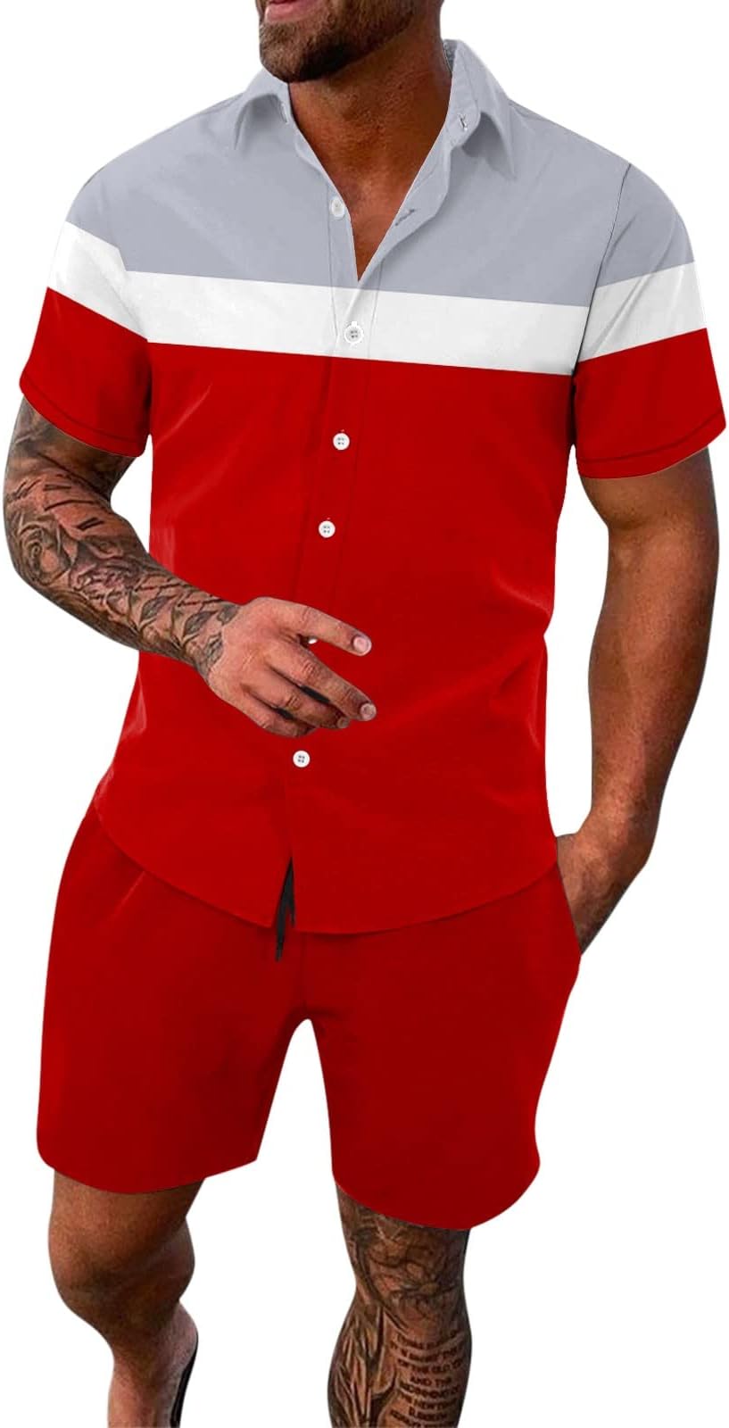 UYEAJNPColor Block Outfit Set for Men 2 Piece Sports Outfit Button Down Short Sleeve Classic Fit Shirts Sets
