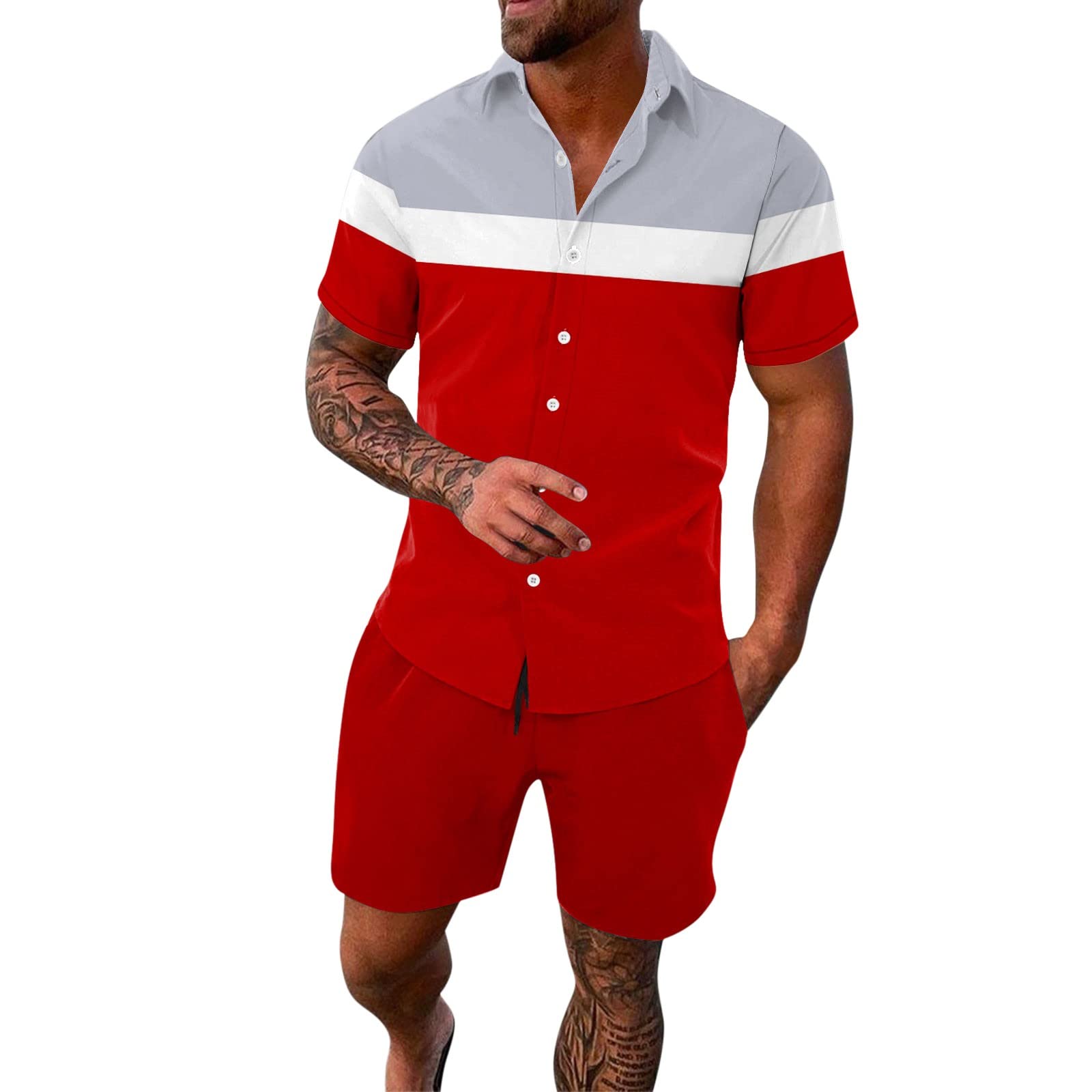 UYEAJNPColor Block Outfit Set for Men 2 Piece Sports Outfit Button Down Short Sleeve Classic Fit Shirts Sets
