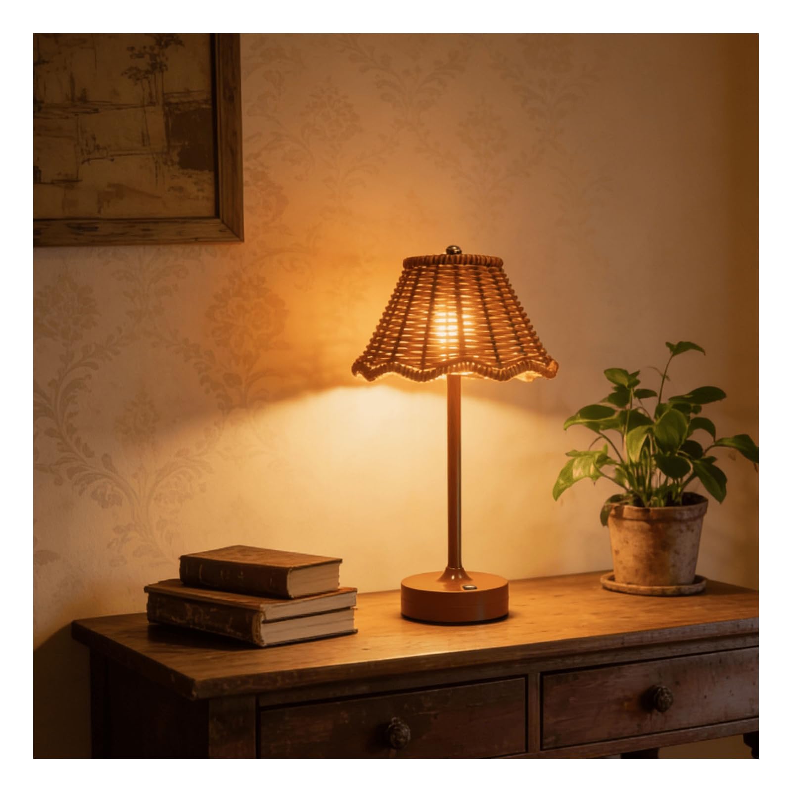 Yanmis Rattan Table Lamp, Rechargeable Boho Bedside Table Lamp, 1200mAh Cordless Lamps with 3 Brightness Options, for Bedroom Living Room Office (Brown)