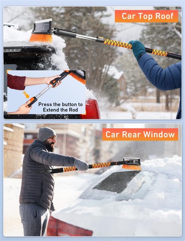 Image of EcoNour 49 inch Extendable Squeegee Snow Brush and Ice Scraper for Windshield | For Car Windows | 270 Telescopic Snow Broom with Pivoting Squeegee | Heavy Duty Car Snow Removal Tool for SUV, Truck & Car