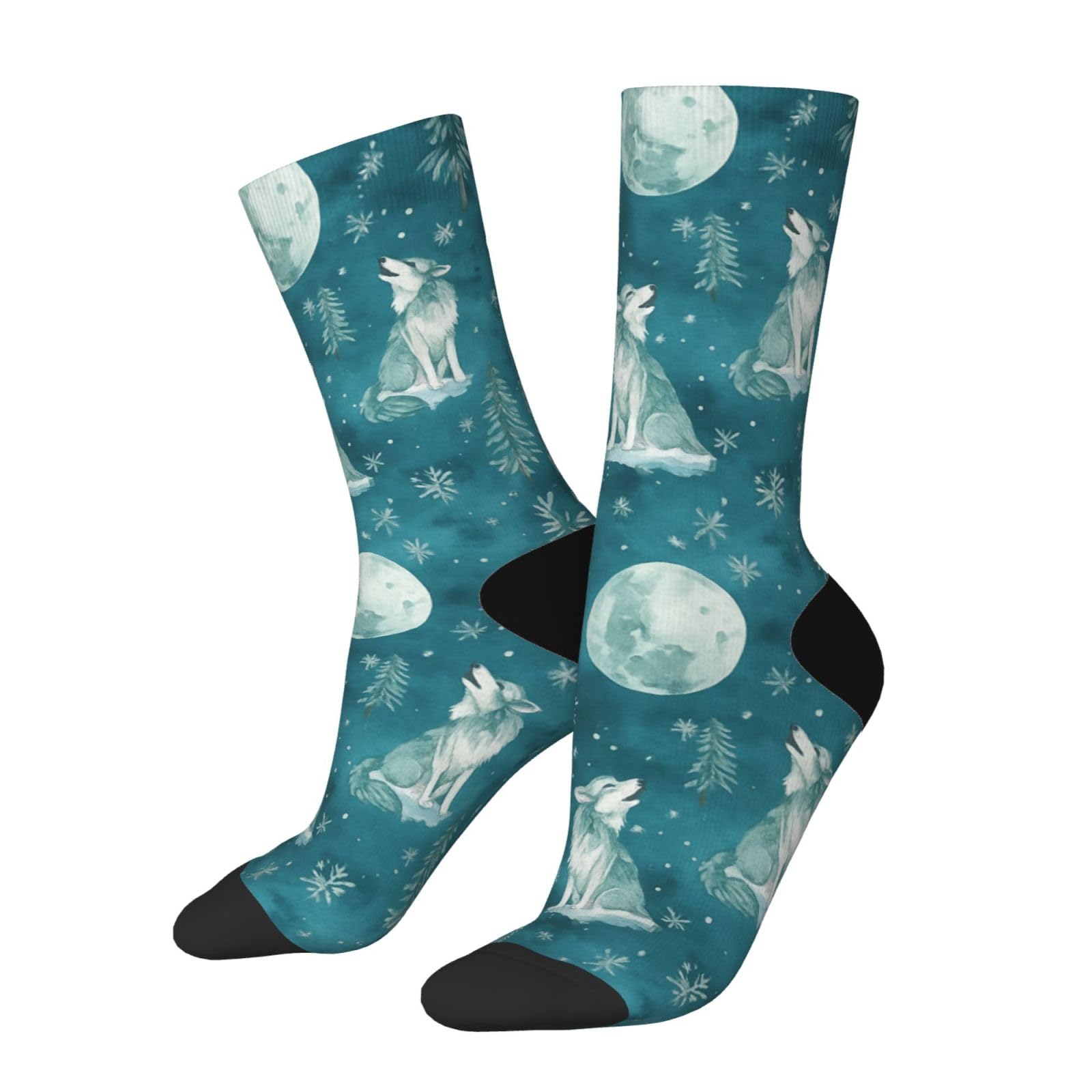 Moonlit Winter Wolf Howling Novelty Funny Crew Socks Casual Crazy Design Sock For Men Women