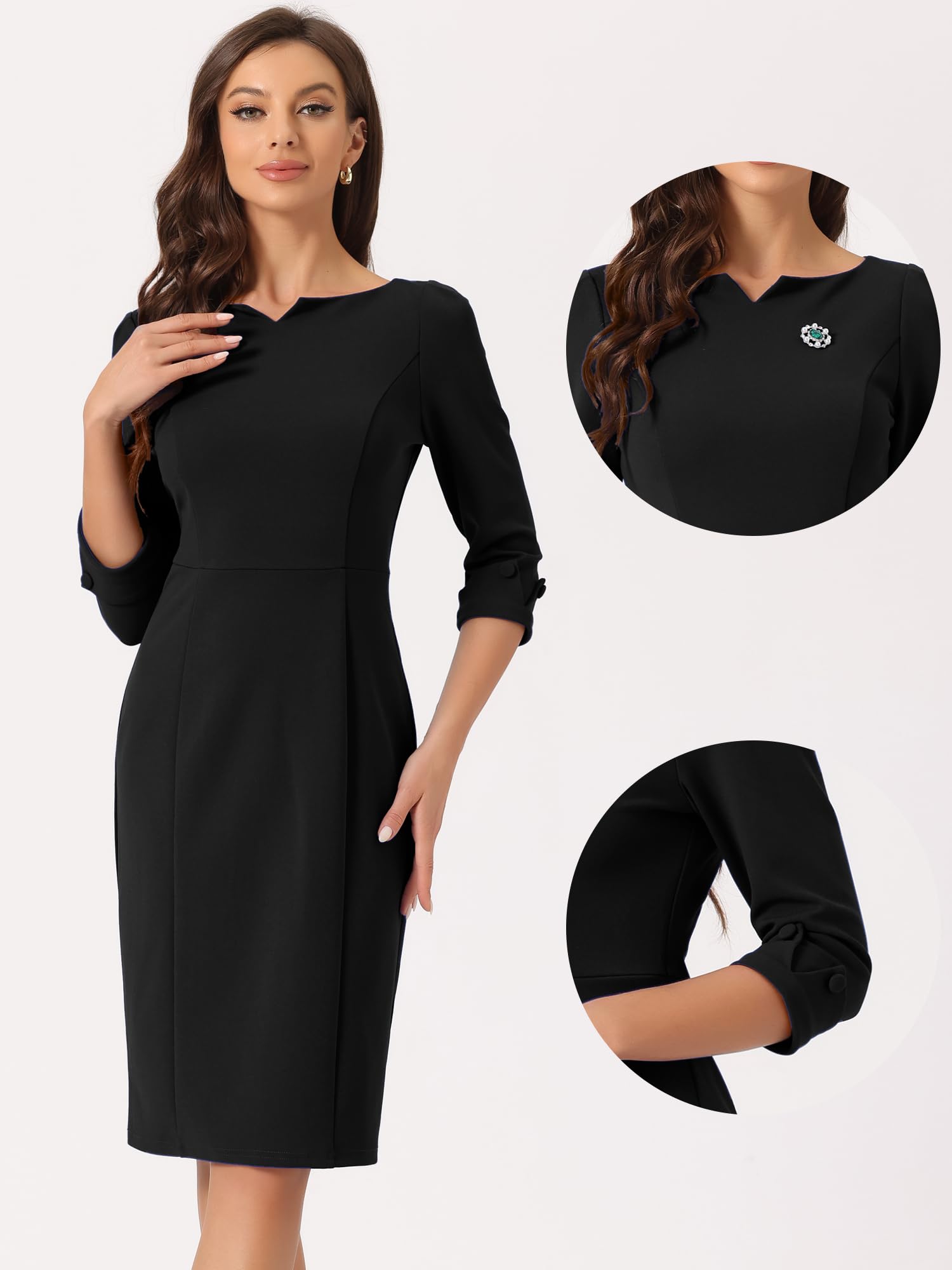 Allegra K Vestidos Midi para Mujer, Manga 3/4, Escote Corazón, Corte Ajustado, Vestido de Lápiz Oficina