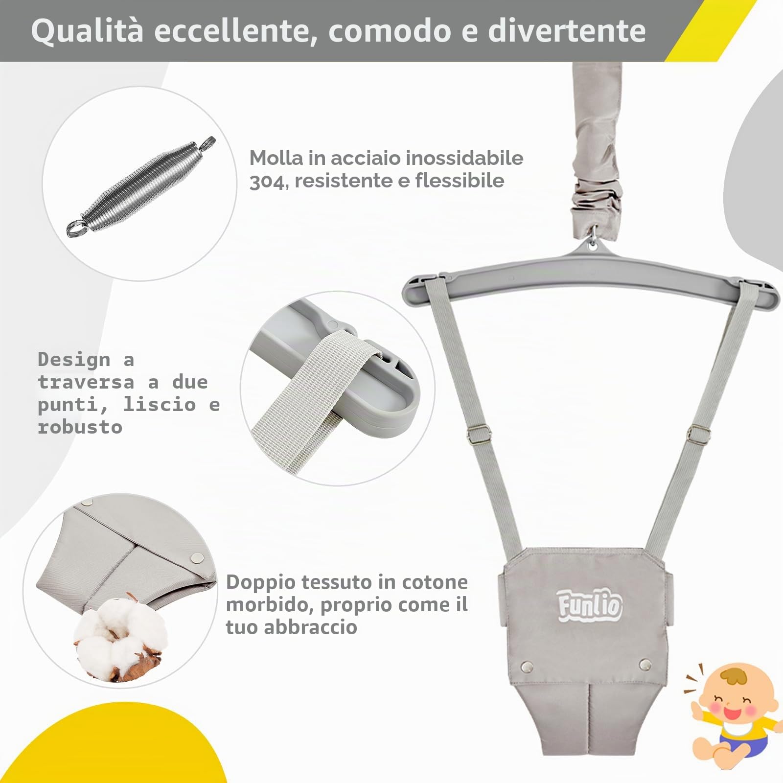 FUNLIO Altalena con Supporto per Neonati per 6-24 Mesi, Altalene Saltare Su per Bambini per Giochi Indoor/Outdoor, Maglione per Neonati/Ragazzo, con Catena Regolabile, Facile da Montare -Grigio