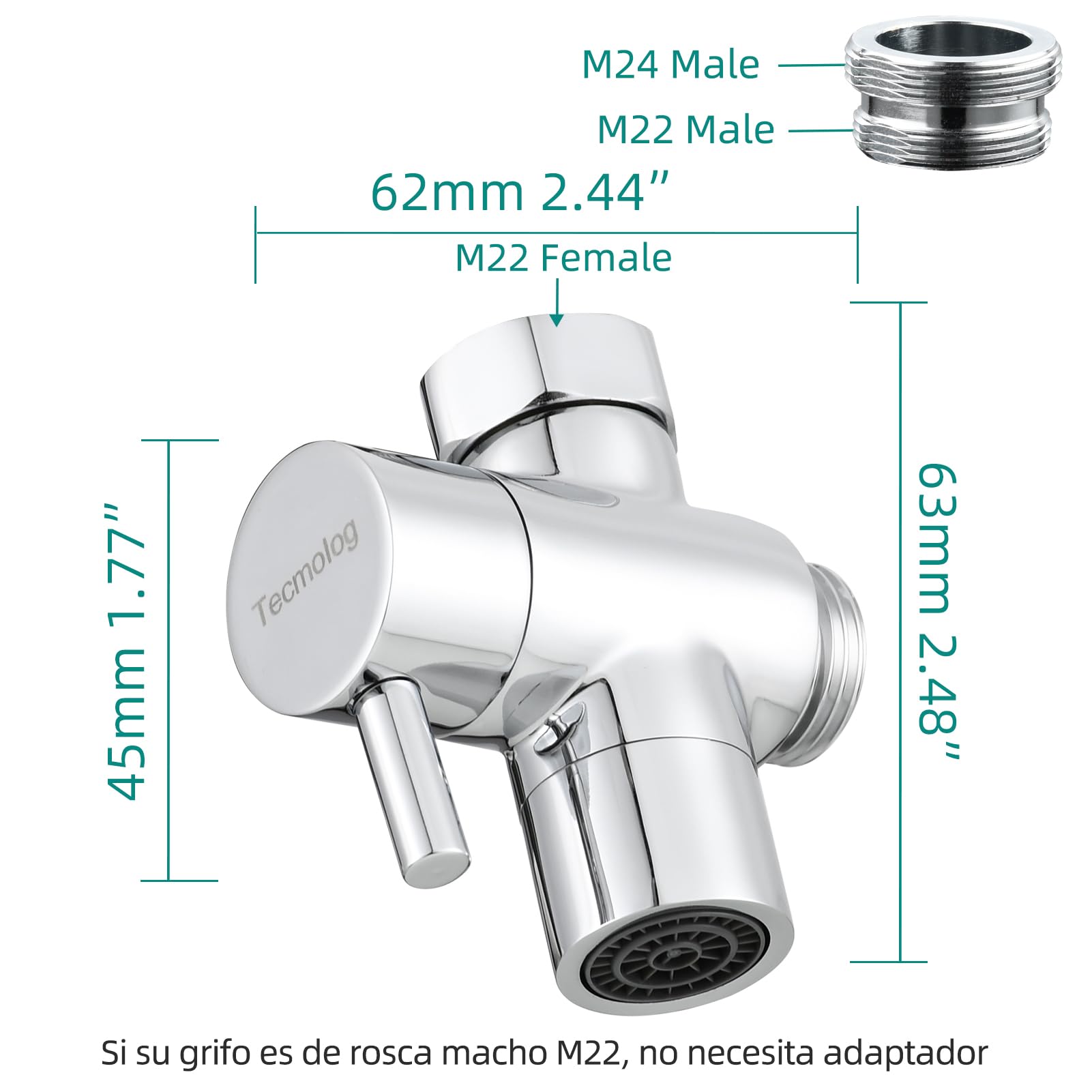 Tecmolog Desviador de Grifos Lavabos 22mm Adaptador Manguera Grifo Cocina Cromo SBA021C