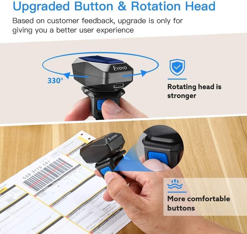 Eyoyo 1D Scanner di codici a barre Bluetooth, 2,4 G wireless, Mini lettore ad anello con cavo USB per iOS Android, per Magazzino Supermercato Libreria...