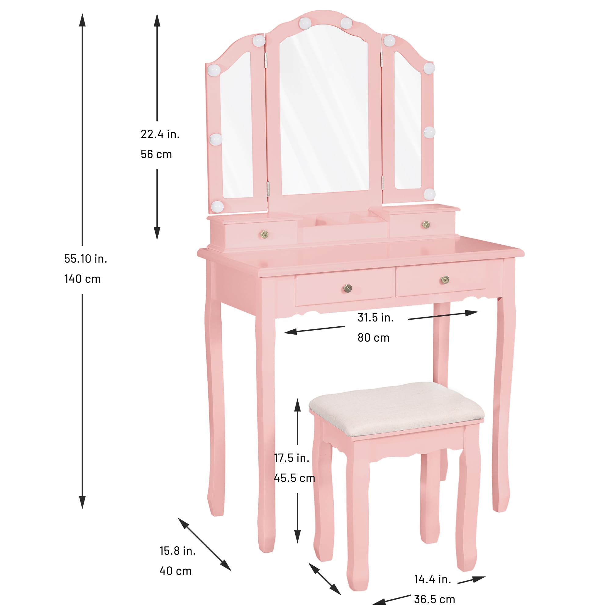 LilyFantasy Vanity Table, Makeup Vanity Table with Lighted Mirror, Vanity Set with Padded Stool, Tri-Fold Bedroom Vanity, 4 Drawers, 2 Open Compartments, Pink Finish