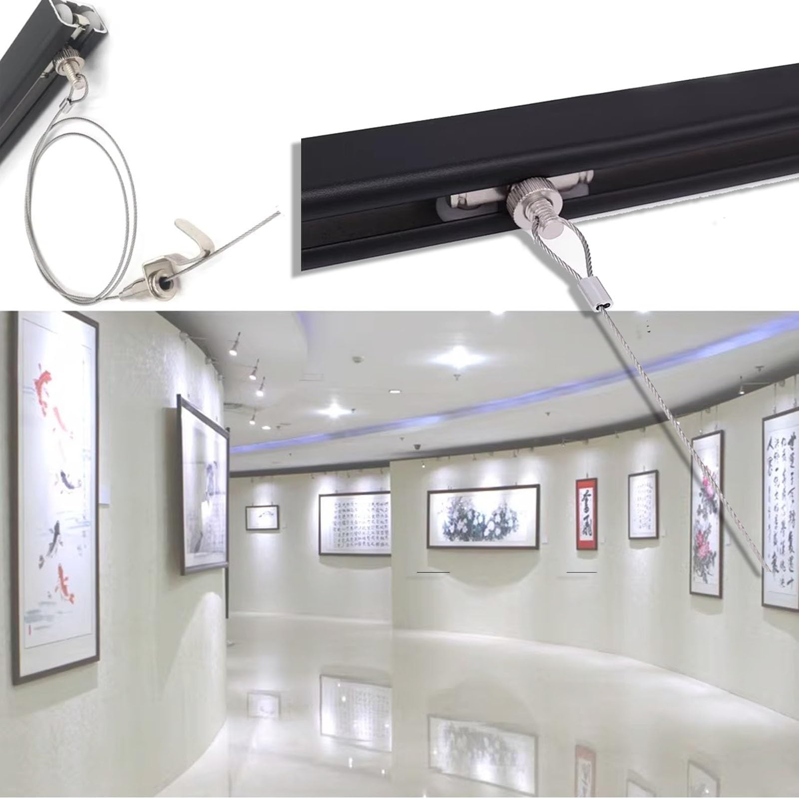 Adjuble system szyn do ekspozycji zdjęć z liną stalową i haczykiem, szyna 163 cm i kabel o przekątnej 19,7 cala, idealny do galerii sztuki pokojowej, łatwy do zawieszenia zestaw dzieł sztuki