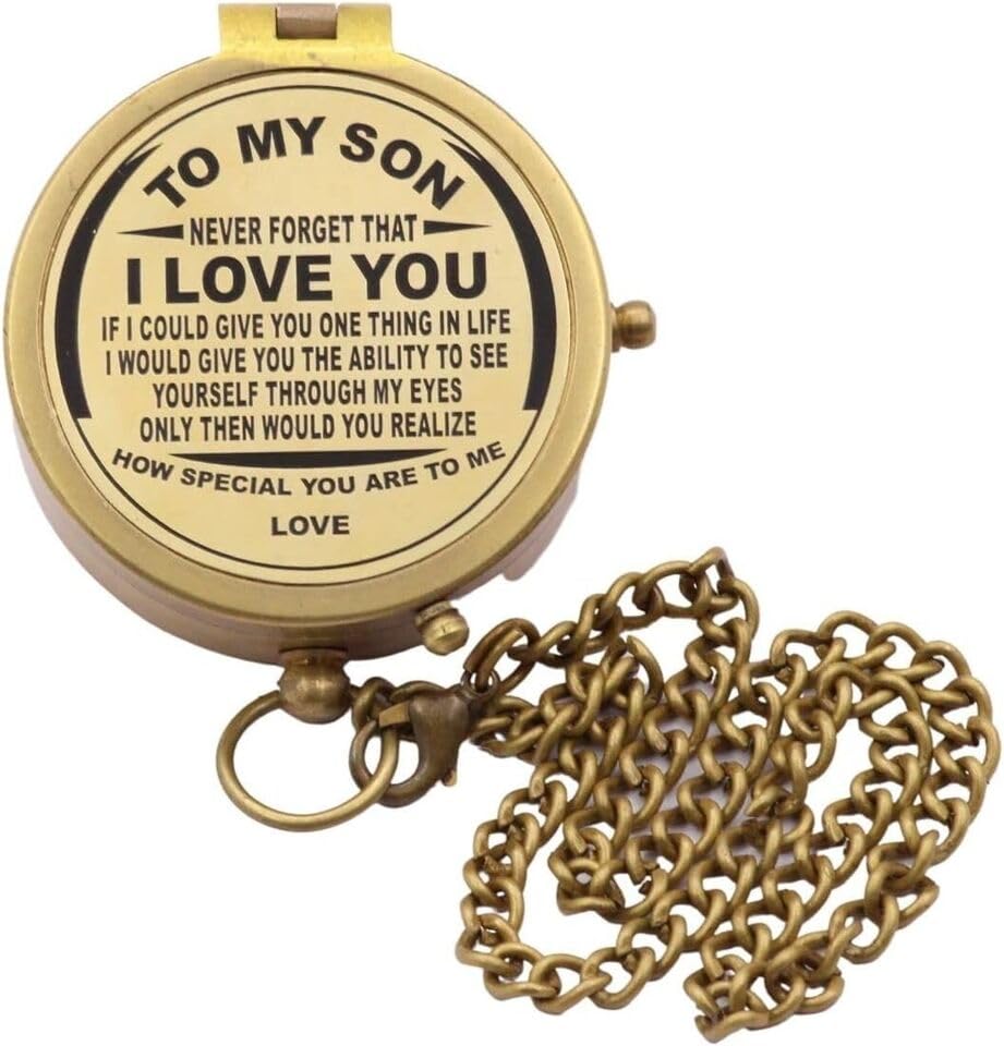 Brújula de latón grabada 'I Love My Son' con estuche de cuero, regalo de cumpleaños miniatura 1