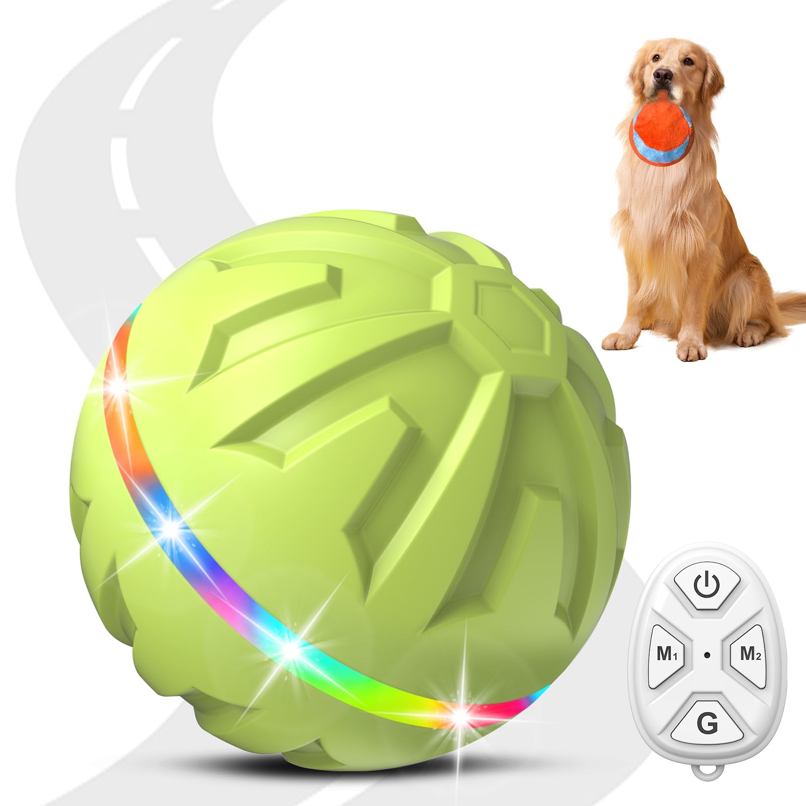 Dog Toys Dog Ball, Durable Motion Active Rolling Balls with Remote Control LED Light, Rubber Peppy Pet Balls for Medium Large Dogs, USB Rechargeable, 3.2-in Diameter (Green)