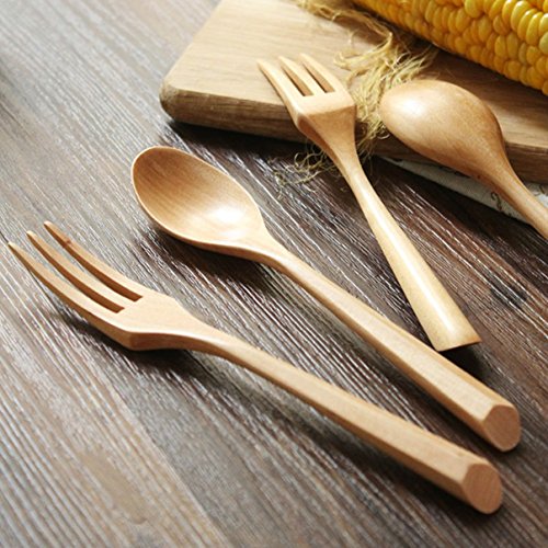 1 Set (2 Pcs/Set) Natural Wood Spoon Fork Wooden Cutlery Professional Coffee Latte