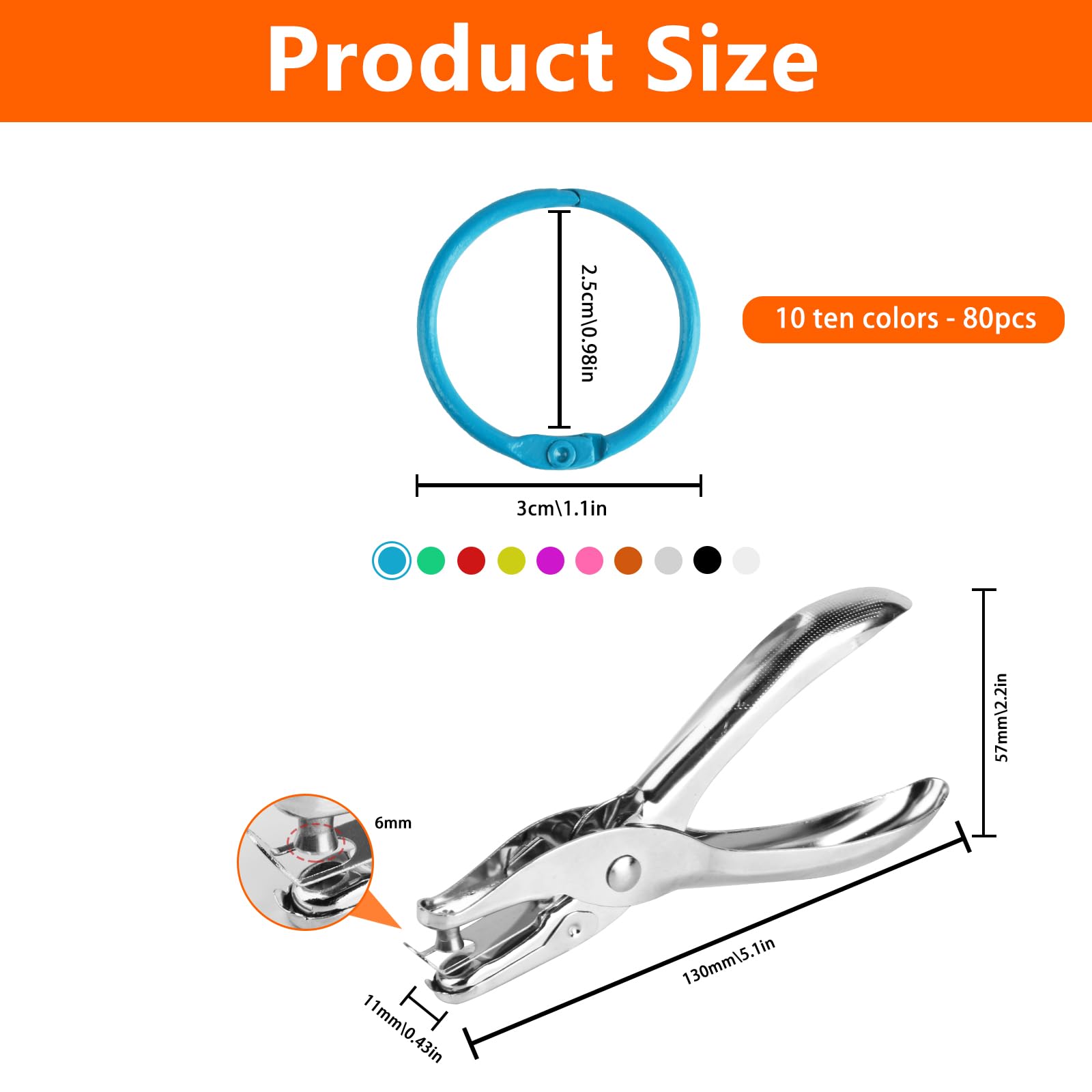 80 szt. Pierścienie do oprawek metalowe, 30 mm, kółka do segregatorów, kolorowe pierścienie na karty, pierścienie do luźnych kartek, metalowe pierścienie do książek, z dziurkacze