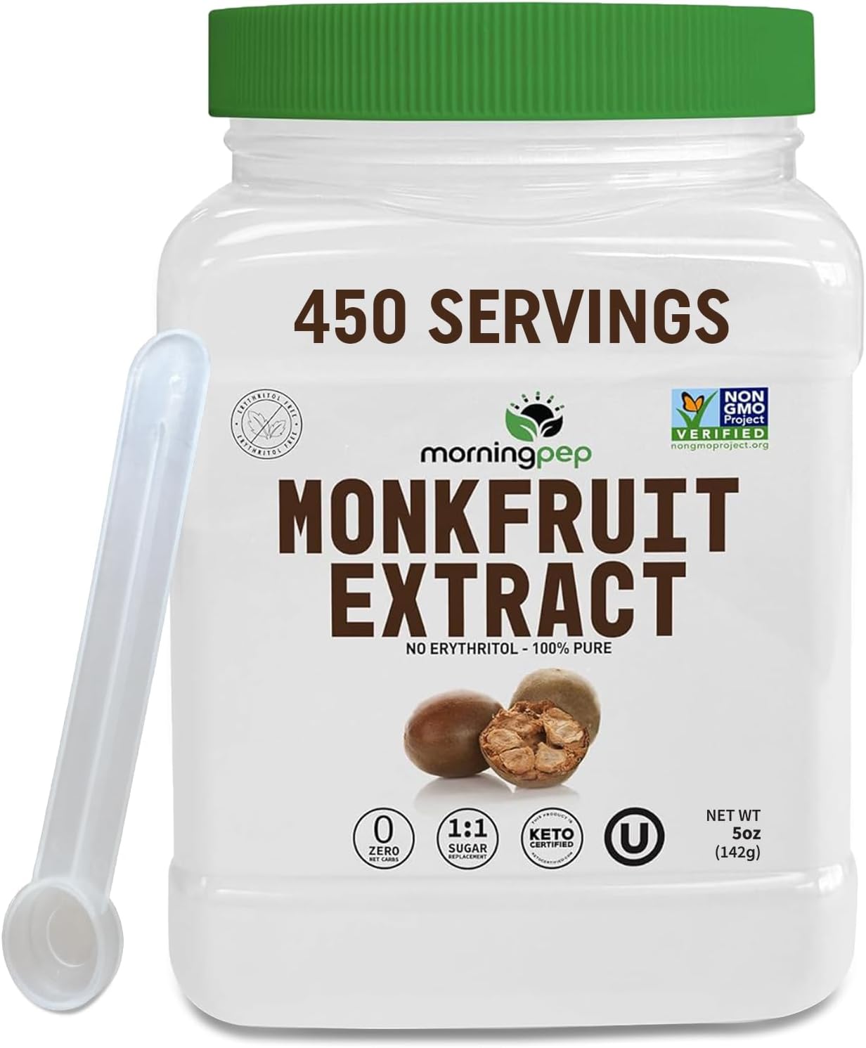 Morning Pep 100% Pure Monk Fruit extract sweetener, No Erythritol, Monkfruit Extract Powder, NON-GMO Project Verified, Keto Certified, OR kosher, No Fillers Zero Calories,Over 450 Servings