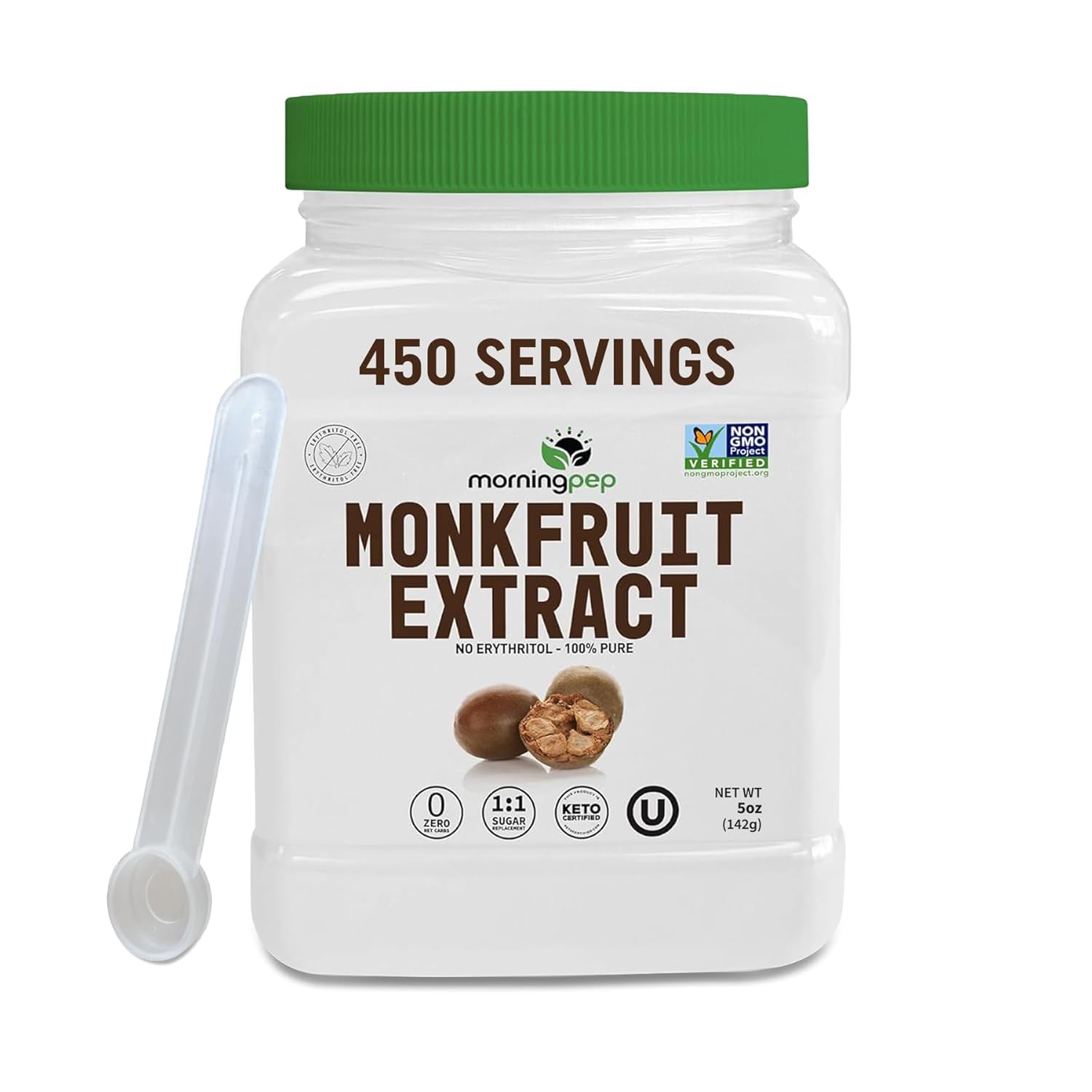 Morning Pep 100% Pure Monk Fruit extract sweetener, No Erythritol, Monkfruit Extract Powder, NON-GMO Project Verified, Keto Certified, OU kosher, No Fillers Zero Calories | Over 450 Servings | 5 oz