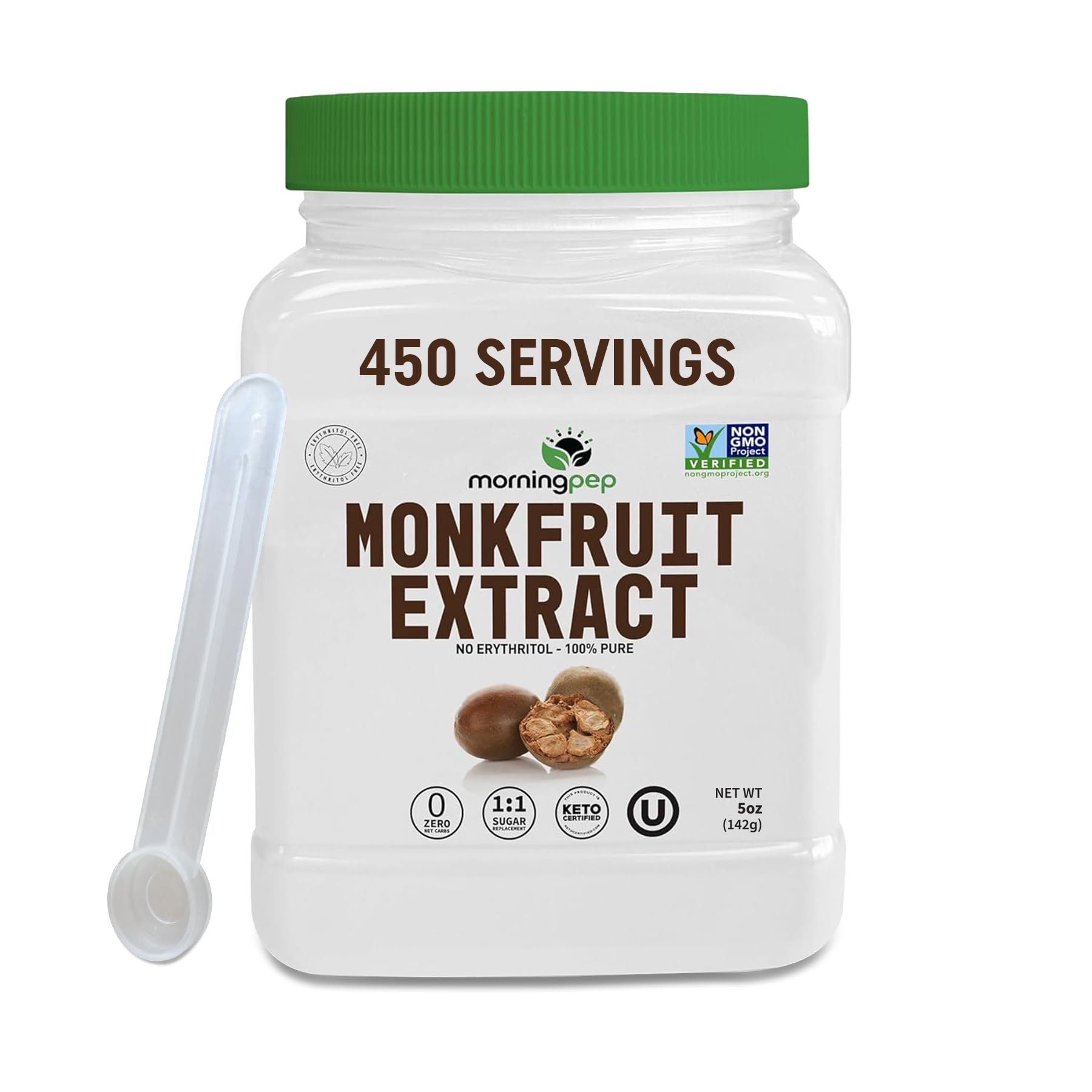 Morning Pep 100% Pure Monk Fruit extract sweetener, No Erythritol, Monkfruit Extract Powder, NON-GMO Project Verified, Keto Certified, OU kosher, No Fillers Zero Calories | Over 450 Servings | 5 ozUSDA Organic