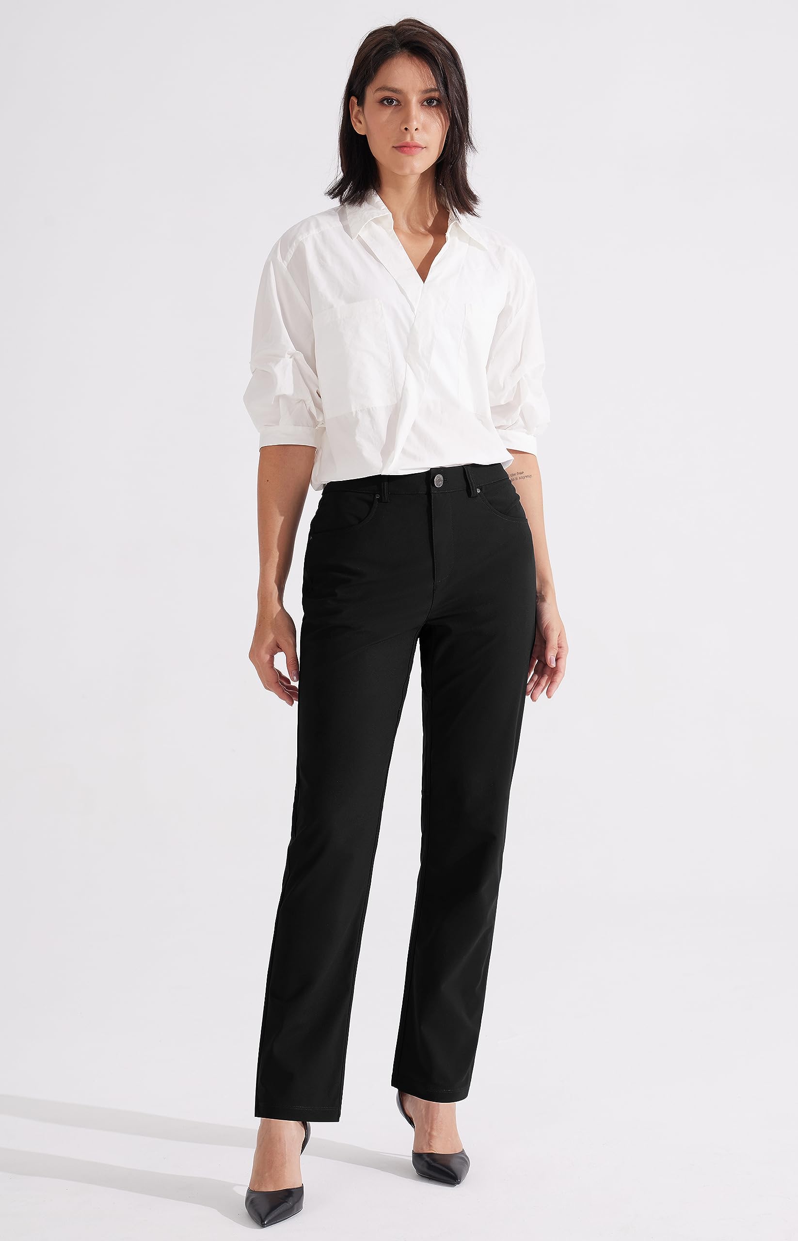 Libin Pantalon habillé pour femme 73,7 cm, 78,7 cm, extensible, jambe droite, pantalon de travail, pantalon de golf décontracté pour le bureau, le travail, le voyage, léger, noir, 42