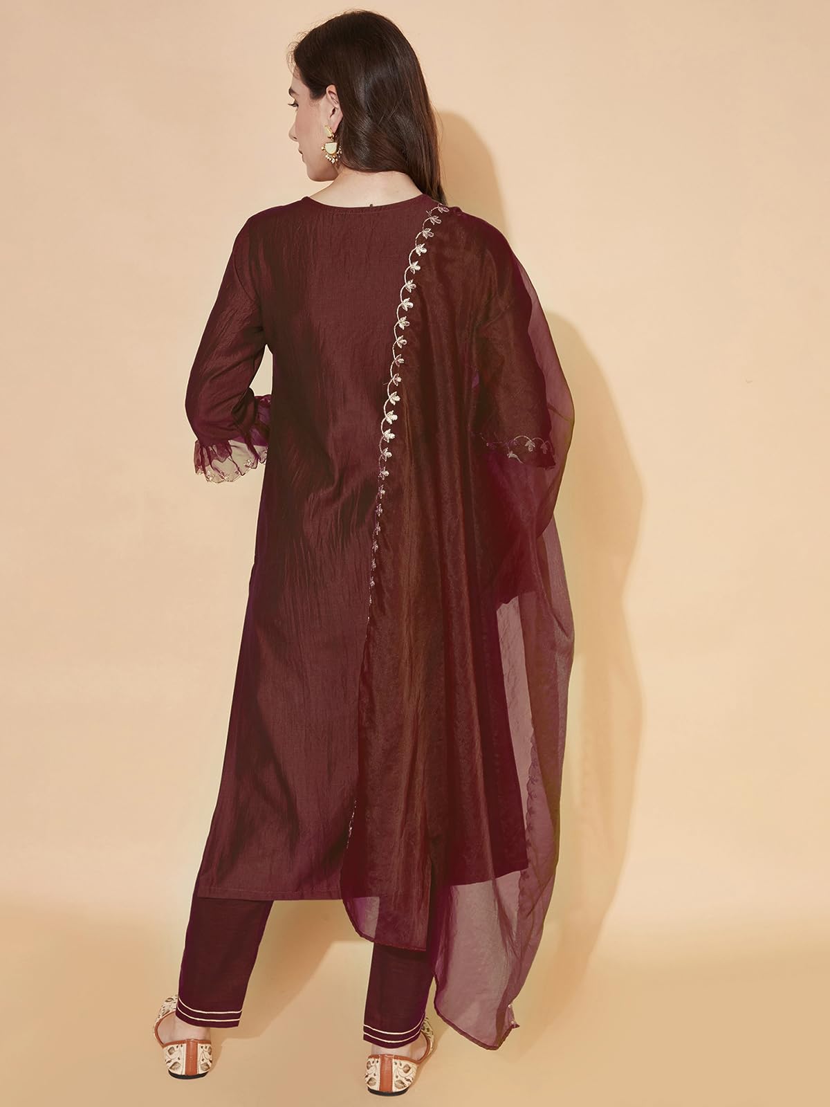 Sanisa Women's Chinnon Silk & Organza Sequence And Embroidery Work Straight Kurta With Pant And Dupatta Set (38Kbd477Nb-3Xl_Maroon)