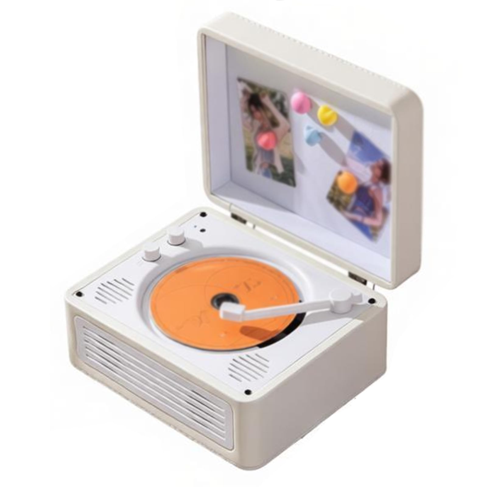 Lettore CD con pannello posteriore magnetico e luce ambientale, doppi altoparlanti integrati, controllo manopola, si collega a cuffie e tablet per la riproduzione di musica