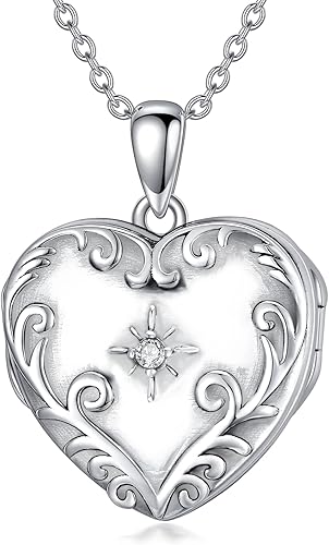 BETHZA Diamond Heart Locket Necklace for Women Sterling Silver 0.035CT Real Diamond Photo Pendant That Holds 4 Pictures Jewelry Gift for Mother Wife