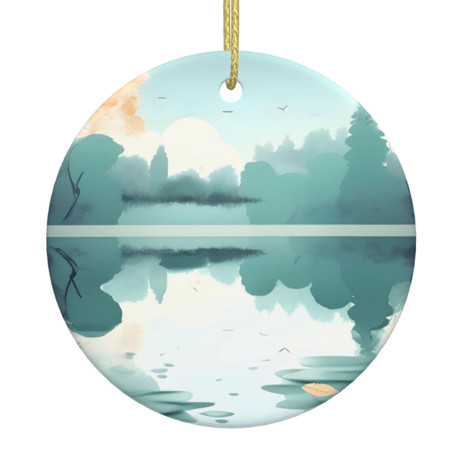 Fallen Leaves on a Tranquil Lake Printed Christmas Tree Ceramic Ornaments Holiday Decoration Christmas Unique Pendant for Christmas Party