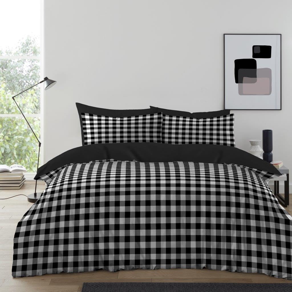 GC GAVENO CAVAILIA Gingham Check Duvet Cover King Size - Super Soft Microfiber Kingsize Duvet Cover Sets With Pillowcases - Tartan Check Bedding Set Reversible Plain Comforter Bed Cover - (230x220 Cm)