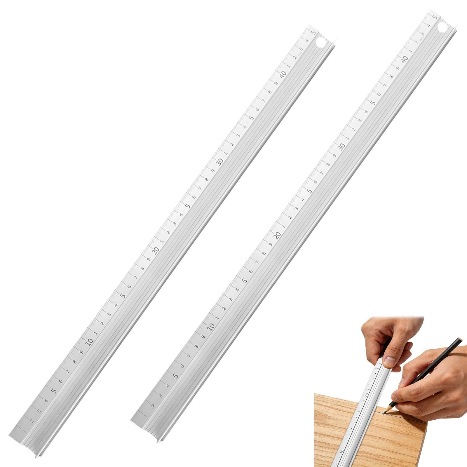 Haoxizi 2 Pcs White-45Cm 2 Pcs White Aluminium Cutting Ruler, 45Cm With Raised Grip, Metal Safety Ruler, Multifunctional Precision Metal Safety Rulers, For Length Measurement