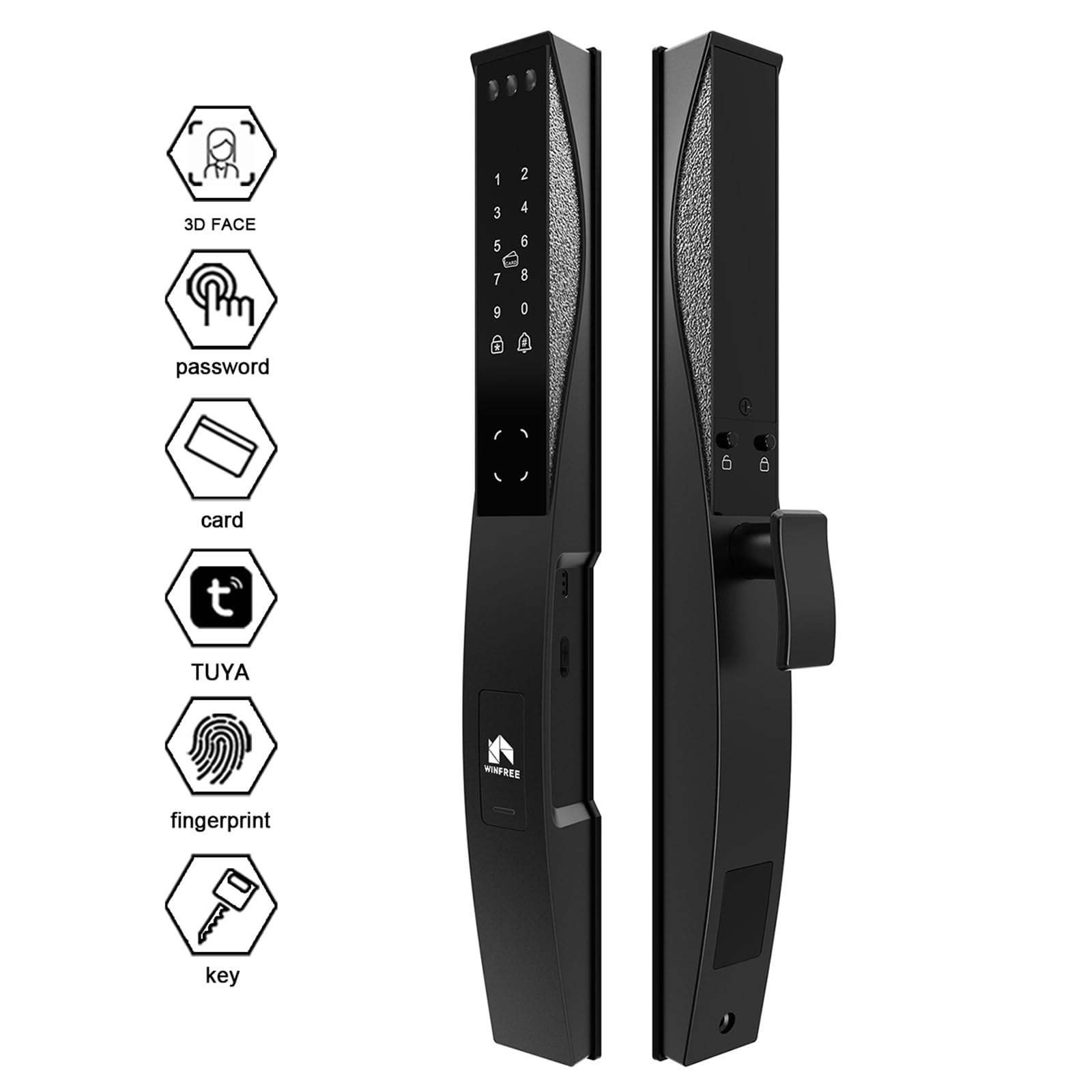 WINFREE 3D Face Recognition Smart Door Lock, Slim Door Smart Lock, Fingerprint, Passcode, IC Card, APP Control, Waterproof and Rechargeable, for Front Door and Gate
