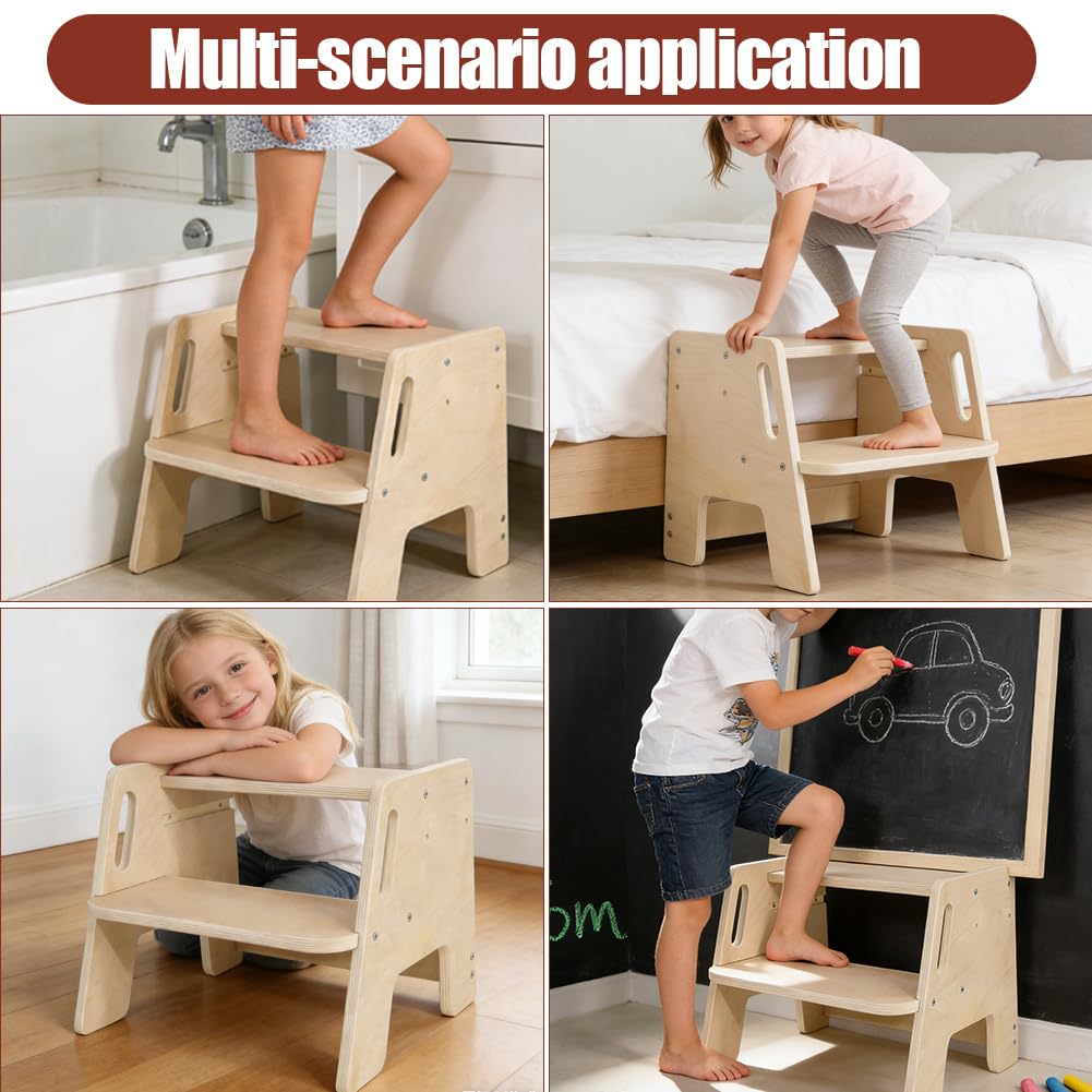 RANJIMA Taburete infantil de 2 niveles antideslizante de madera 100 kg para lavabo baño cocina