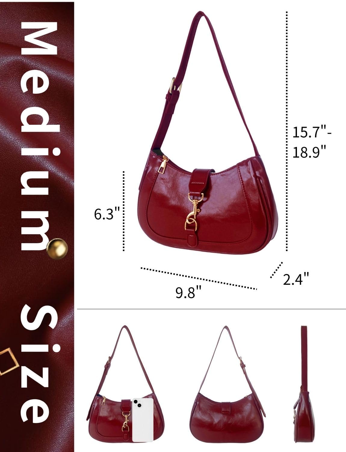 Small Purse for Women Vintage Shoulder Bag Burgundy Hobo Leather Handbag with Adjustable Strap Zipper - Image 5