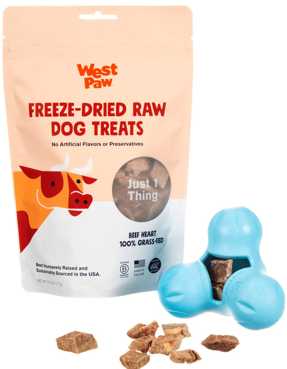 WEST PAW Dog Chew Toy and Puppy Training Treats Bundle, Zogoflex Tux Treat Dispensing Dog Chew Toy, Aqua, Small and Beef Heart Freeze-Dried Raw Dog Treats, Made in USA