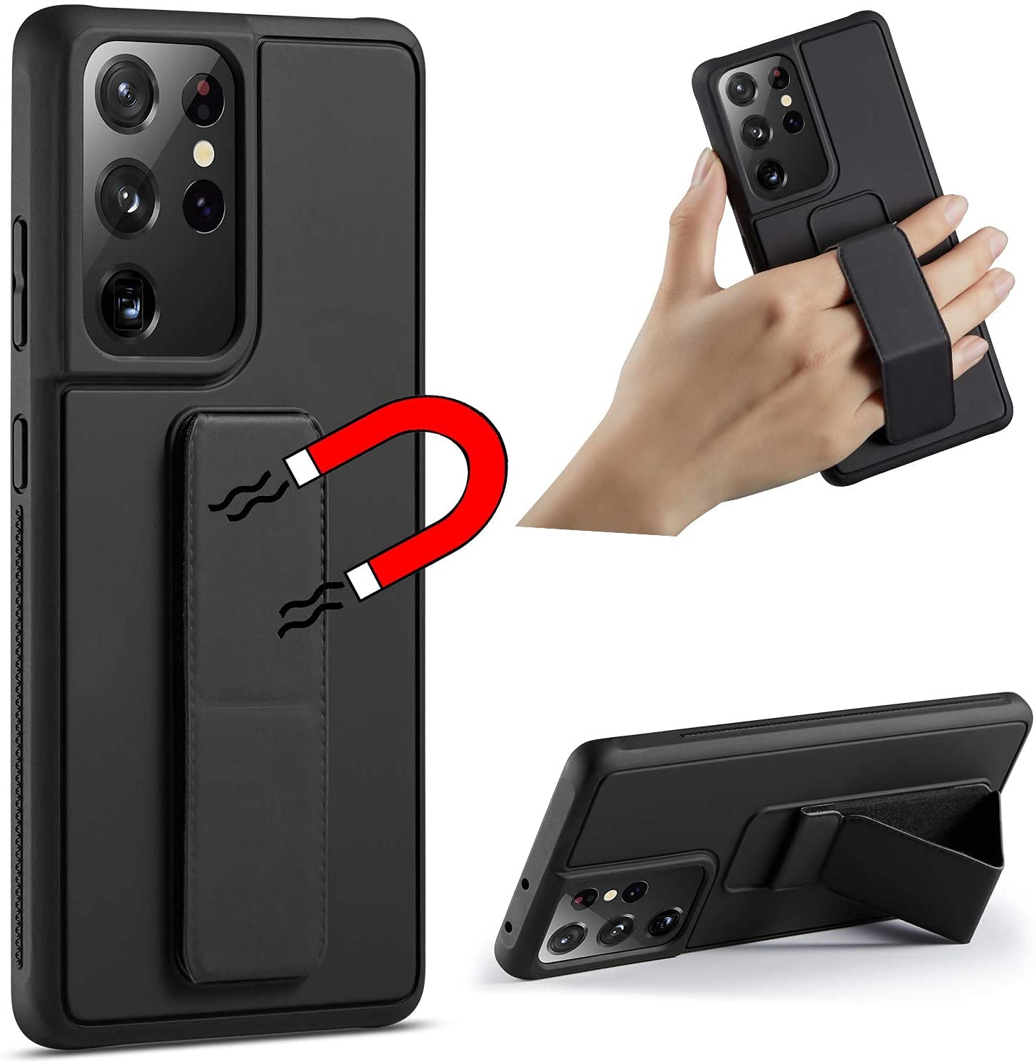 New Case/Cover Compatible with Samsung Galaxy S21 / S21 Plus / S21 Ultra, Slim Hard Silicone Gel Rubber Premium TPU Fold-able Magnetic Kickstand Case (Samsung Galaxy S21 Ultra, Black)