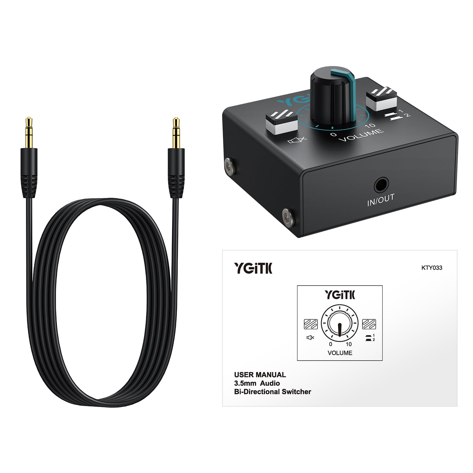 3,5 mm Commutateur Audio Bidirectionnel 2(1) en-1(2) Commutateur Audio avec Bouton de Volume et 3,5mm Câble Audio pour Ordinateur Portable, Télévision, Haut-parleurs