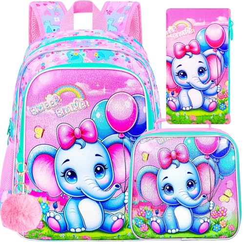 Image of CCJPX 3PCS Backpack for Girls, 16 inchElephant Bookbag with Lunch Box, Kids Water Resistant Elementary School Bag for Preschool Kindergarten Toddler