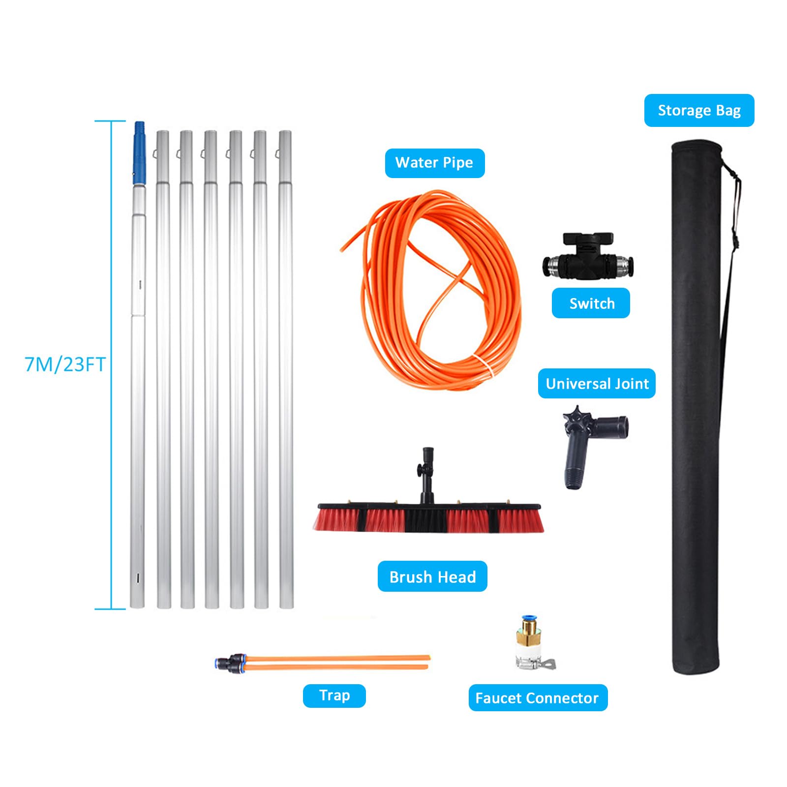 Kit de limpieza de ventanas telescópicas, barra extensible con cabezal de cepillo ajustable para paneles solares y techos de invernadero. Alcance de hasta 3 m.