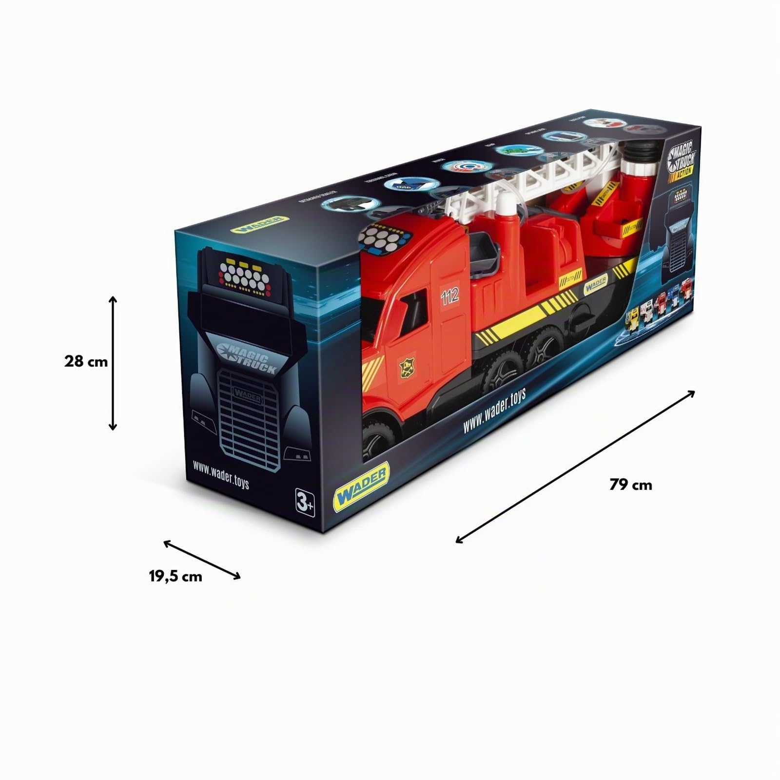 Wader 36221 - Magic Truck Feuerwehr mit ausziehbarer Leiter, Wasserspritze und leuchtenden Scheinwerfern, Größe ca. 79 cm, für Kinder ab 3 Jahren, Geschenk für kreatives Spielen
