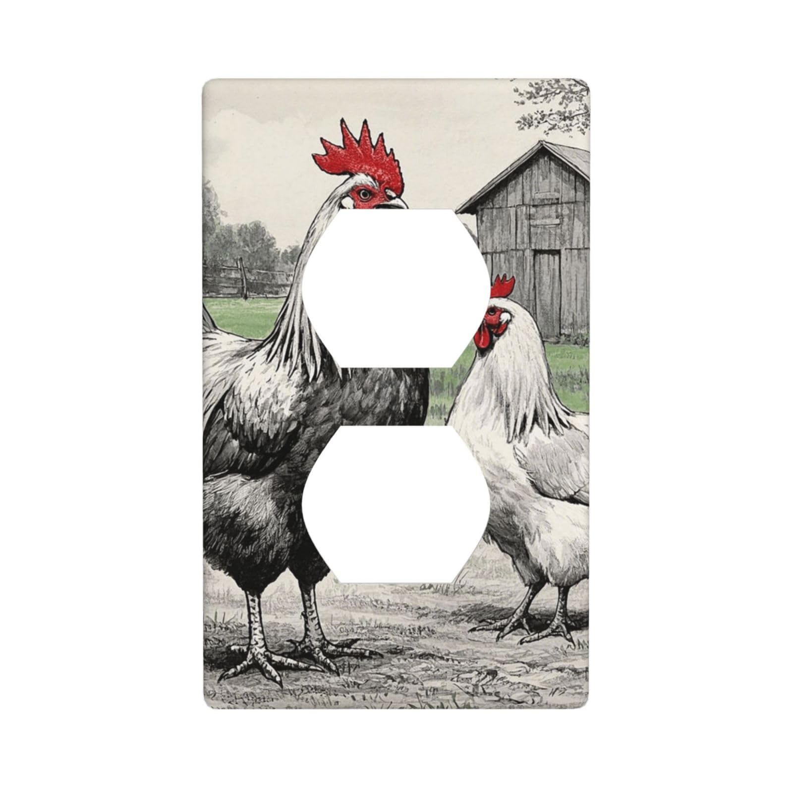 Rooster and hen sketch farm Wall Plate, Duplex Outlet Cover 1-Gang Decorative Light Switch Covers, Unbreakable Polycarbonate Faceplates Electrical Receptacle Plug Covers, Screws Included