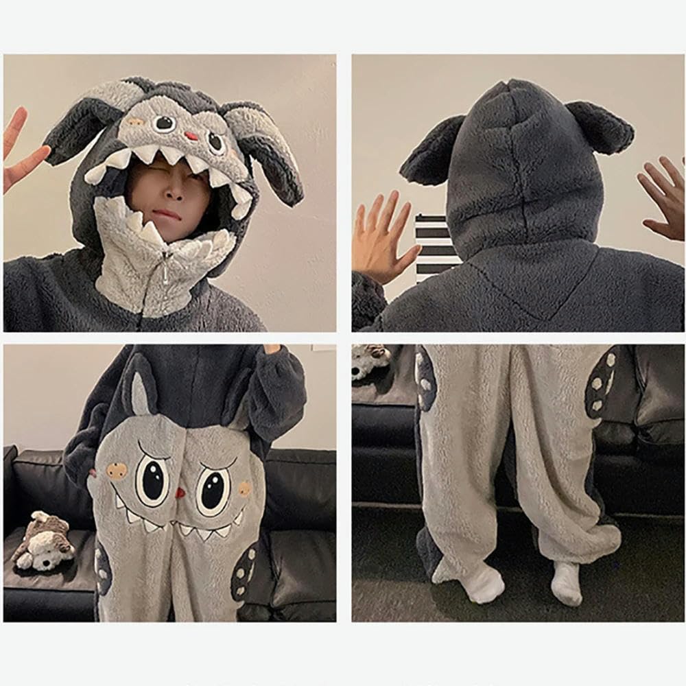 NYSDM Pigiama Invernale in Pile Corallo Spesso Set Coppia Carino Cartone Animato Dinosauro Pigiama per Dormire con Cappuccio Morbido Un Pezzo Pigiama