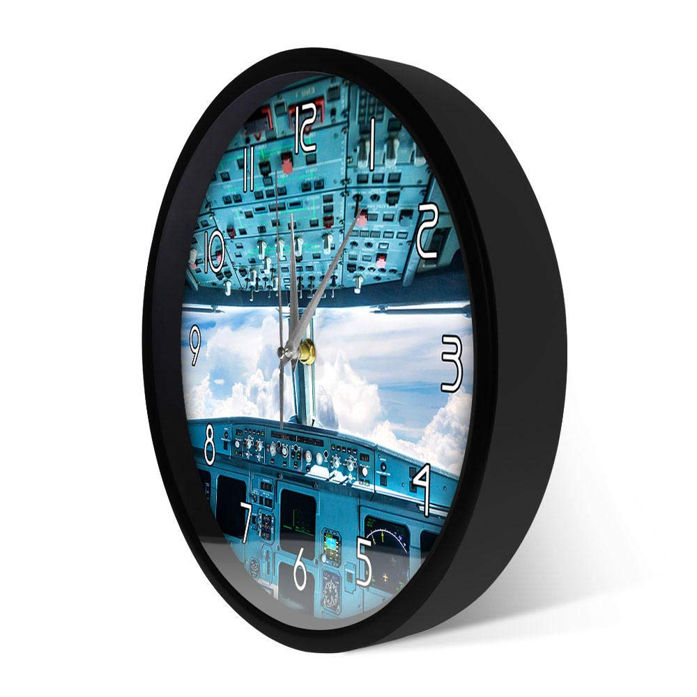 Avión Cockpit Print Arte de la Pared Reloj de Pared Decorativo Interior del avión Vista de la Cabina Dentro del avión Piloto de aviación Reloj de Pared (Marco de Metal)