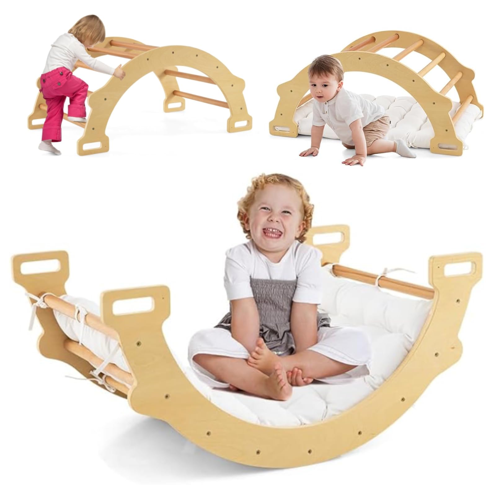 Maxmass Wooden Climbing Arch, 4-in-1 Kids Arch Rocker with Soft Cushion, Montessori Climbing Ladder Gym Toy for Children Toddlers (Wooden)